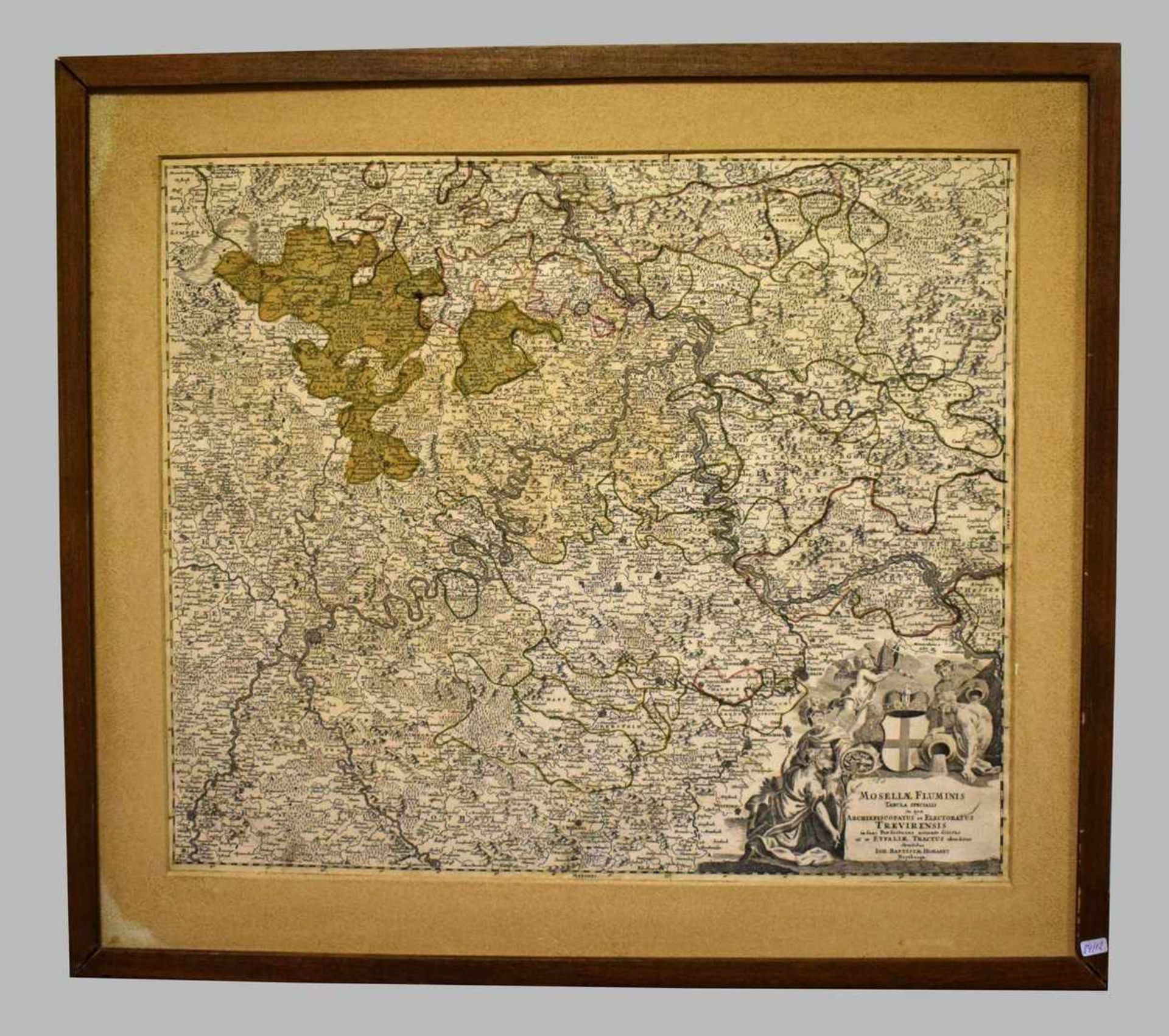 Landkarte Mosel- und Rheinlauf von Koblenz bis Trier, teilweise coloriert, im Rahmen, 62 X 70 cm,