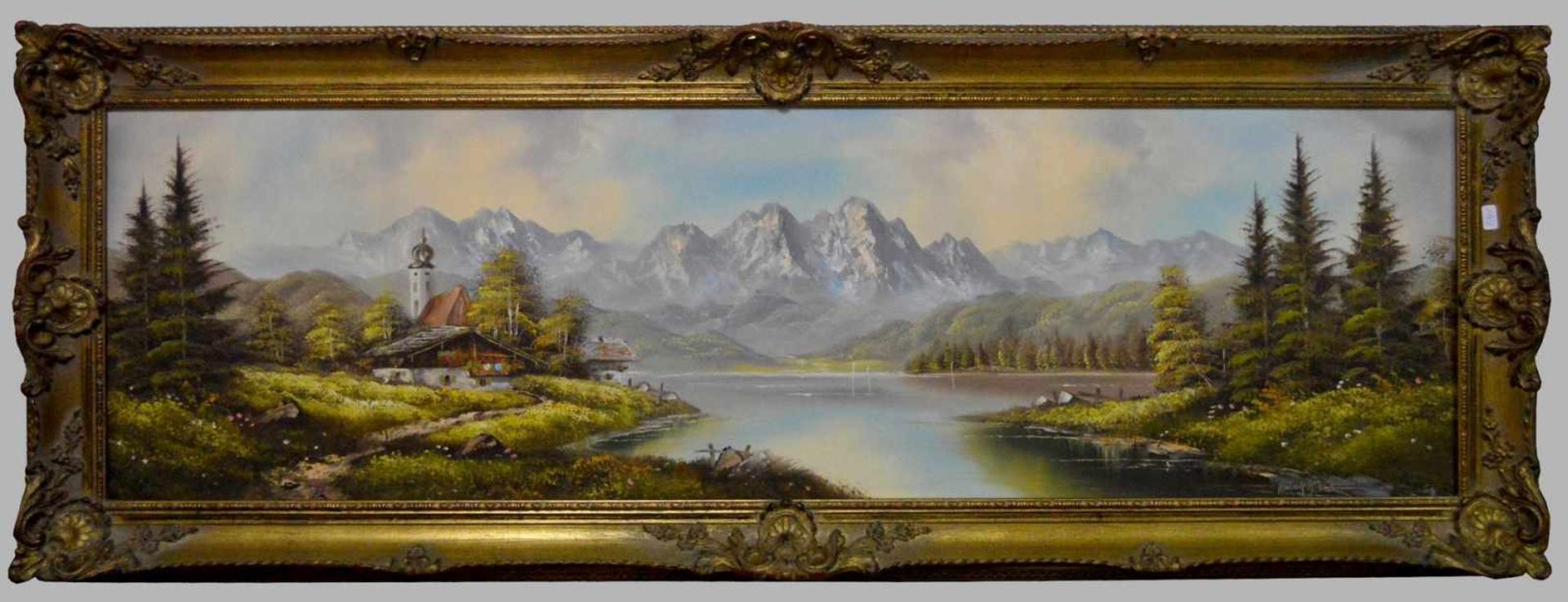 Unbekannter Maler 20. Jh., Teilansicht eines Dorfes am Gebirgssee, im Hintergrund Gebirge, Öl/
