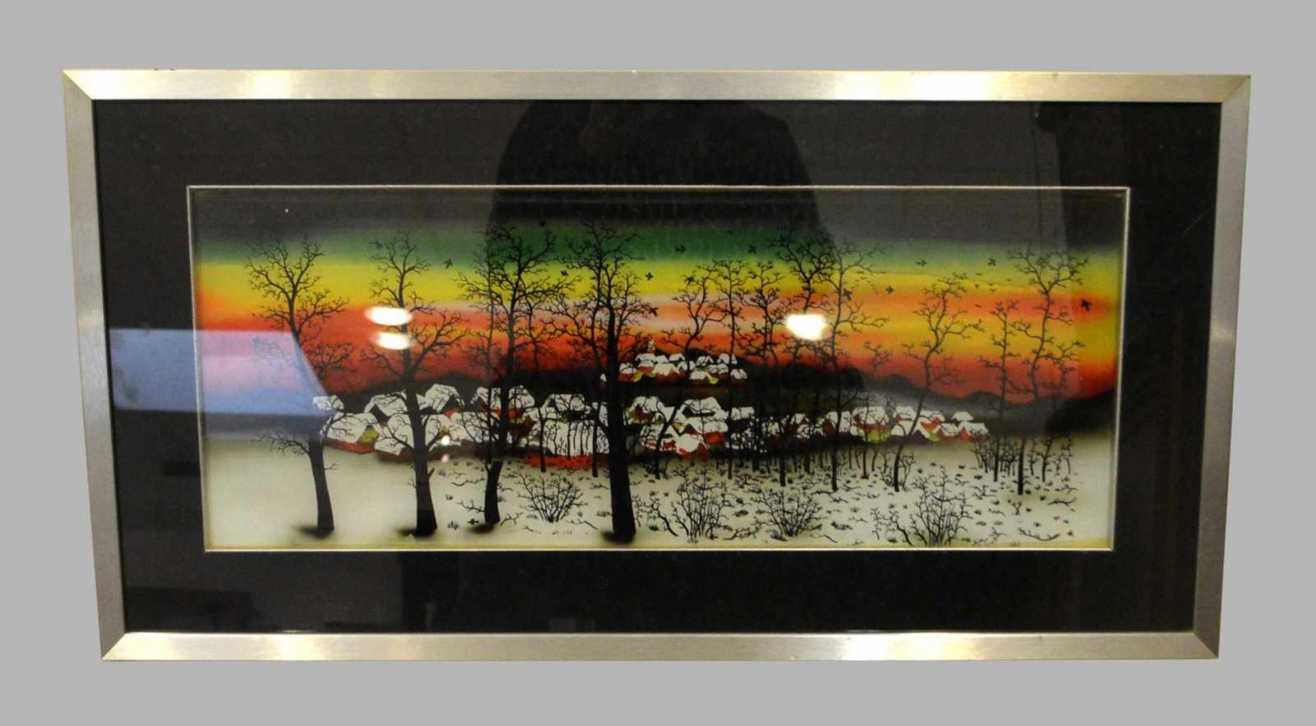 Hinterglasbild Teilansicht zweier verschneiter Dörfer, im silberfarbenen Metallrahmen, 45 X 87 cm