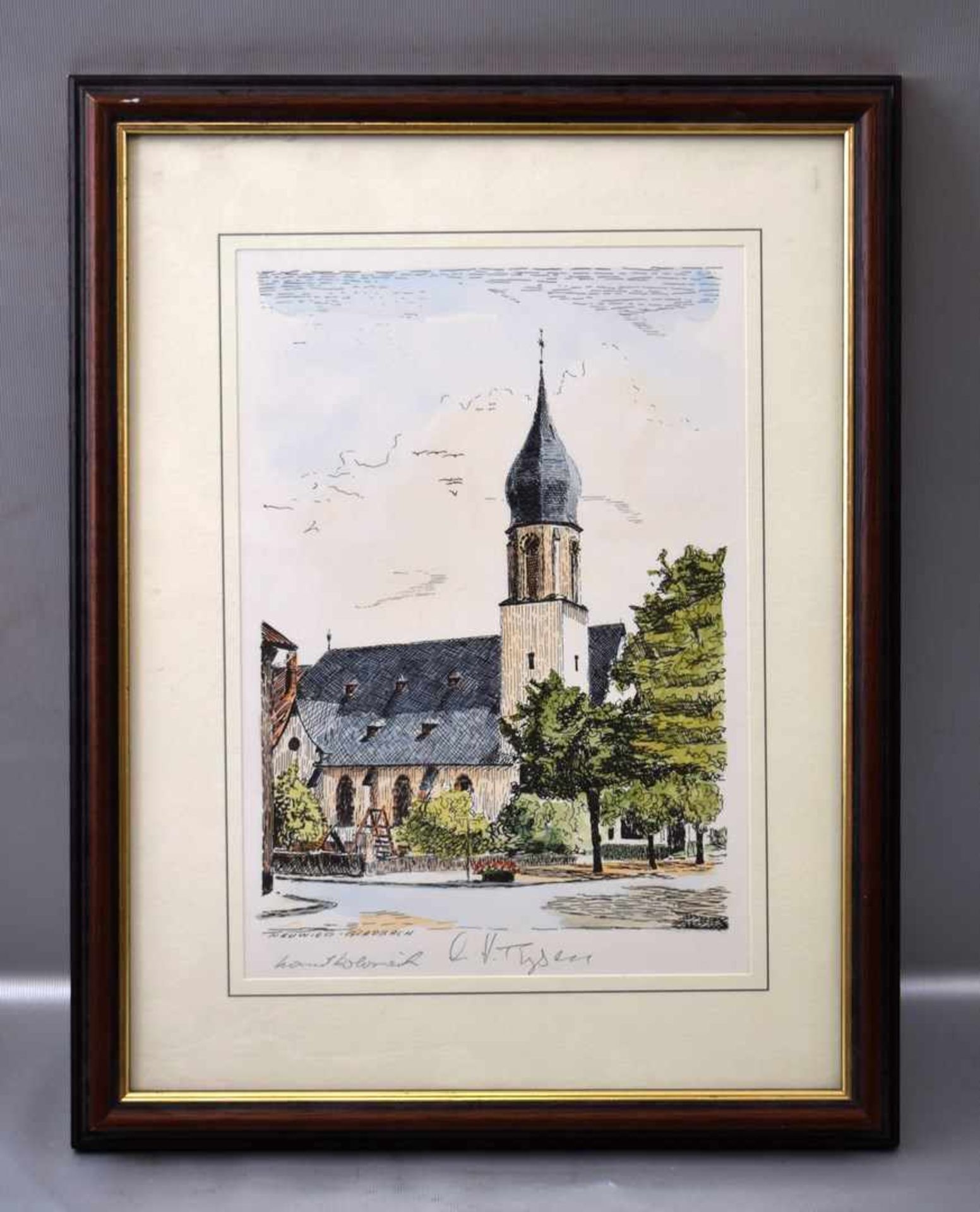 Lithographie Die katholische Kirche Maria-Himmelfahrt in Neuwied-Gladbach, in der Mitte sign., im