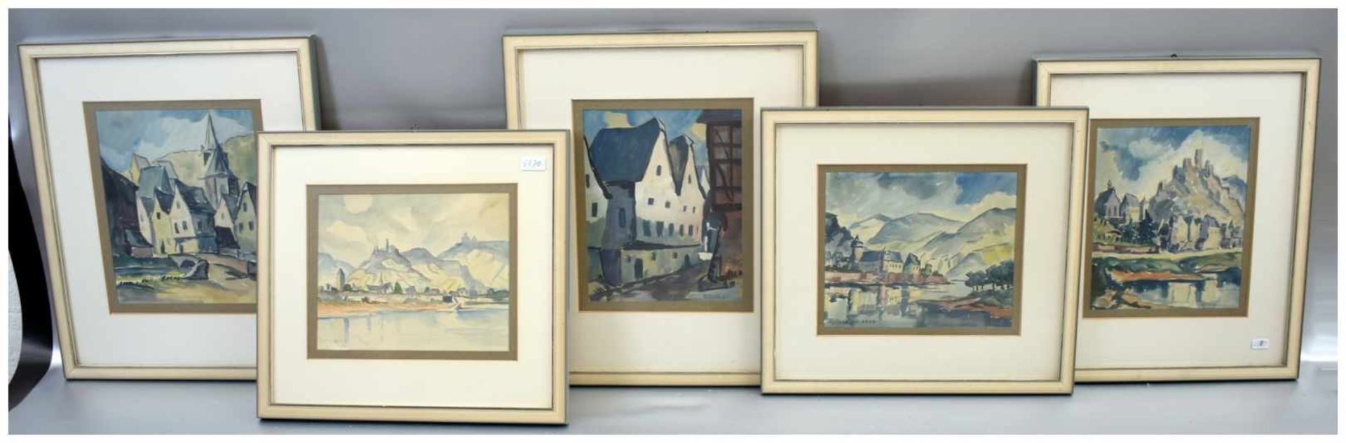 Konvolut fünf Aquarelle Ansichten von Rhein und Mosel, verschiedene Dörfer und Burgen, u.r. bzw. u.
