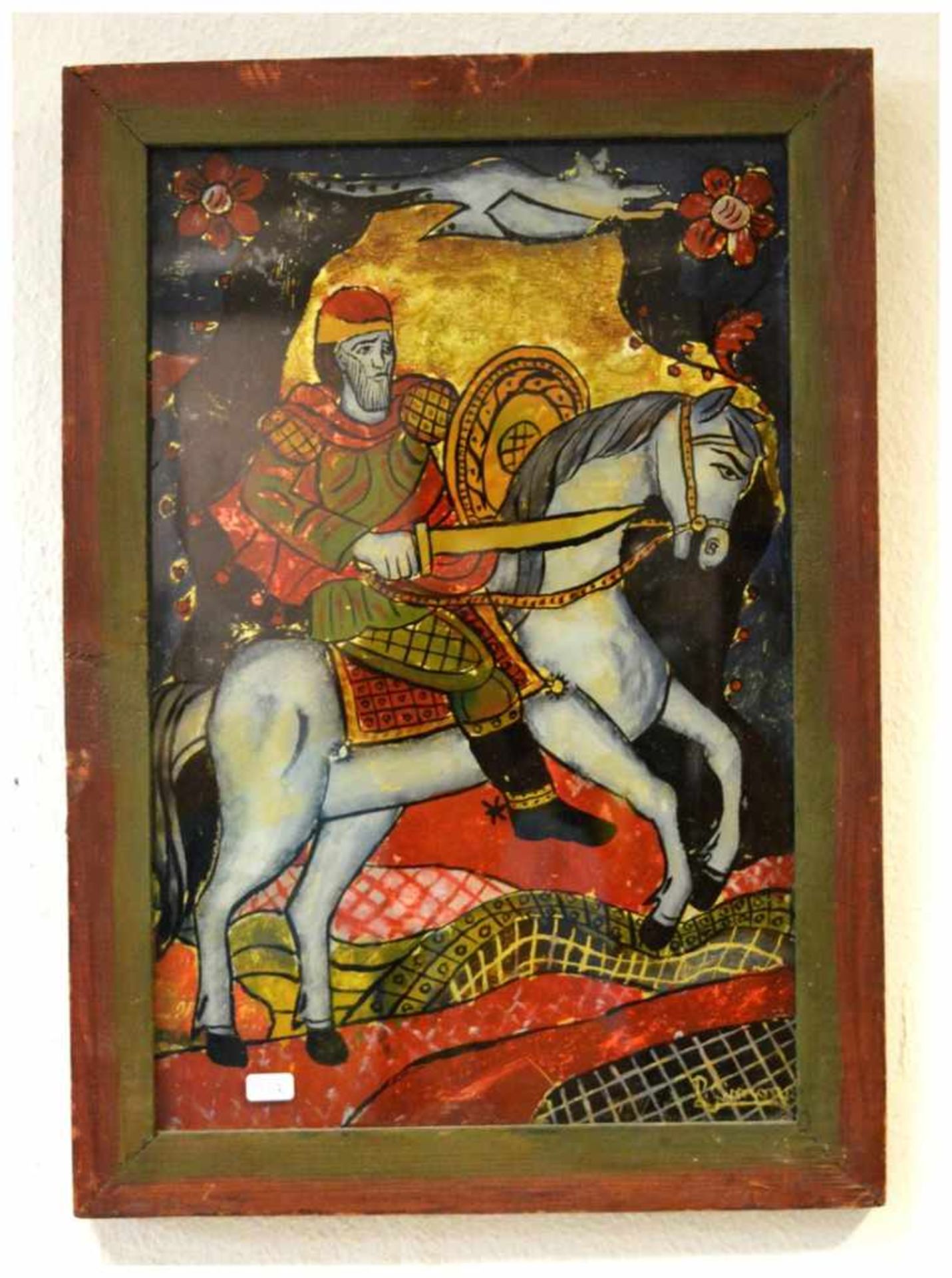 Hinterglasbild Der Heilige Georg, bäuerliche Arbeit, u.r.sign., im Rahmen, 31 X 44 cm