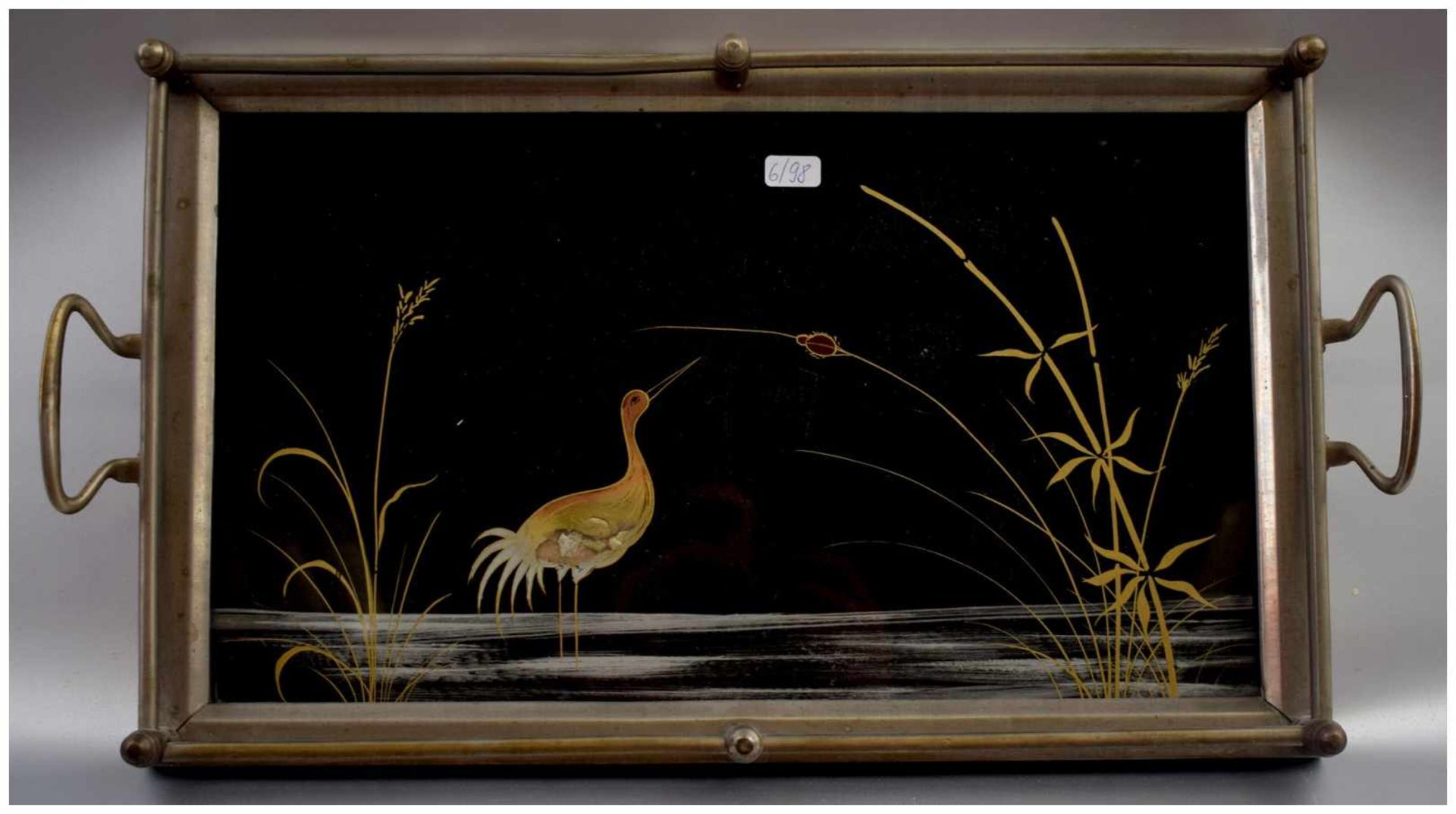 Tablett rechteckig, Metall, Spiegel mit Hinterglasbild Storch im Schilf, 22 X 41 cm, 19. Jh.