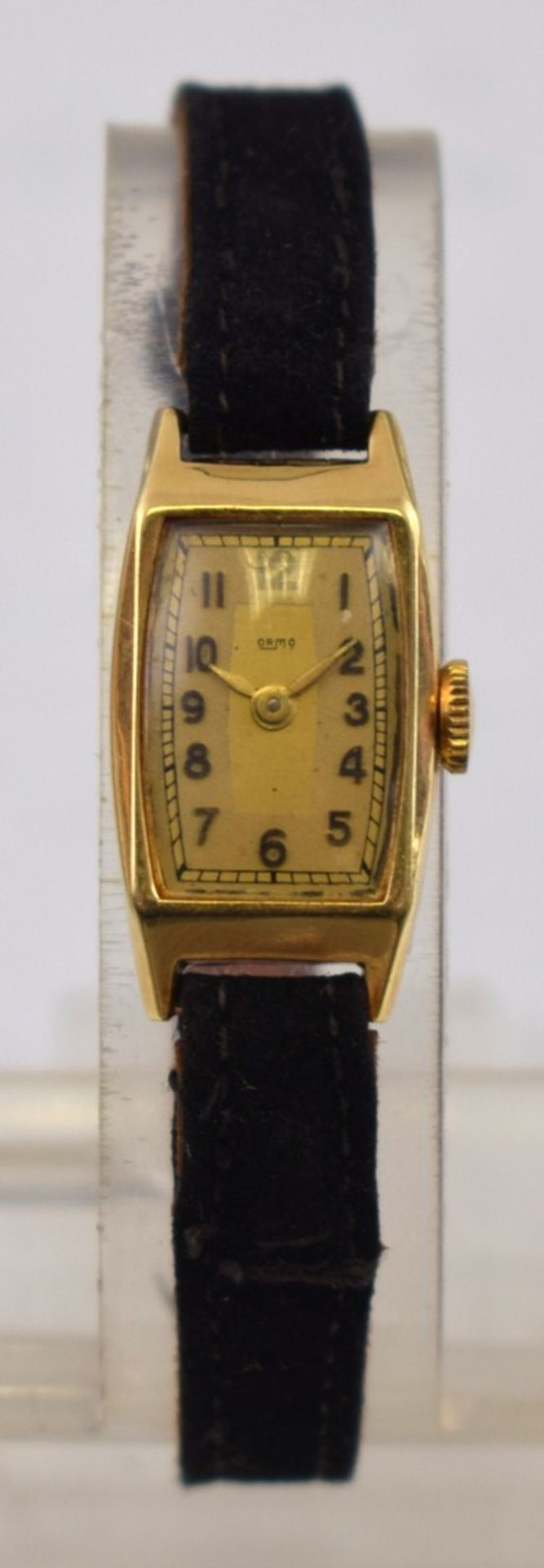 Damenarmbanduhr 14 kt. Gelbgold, Lederarmband, 20er Jahre