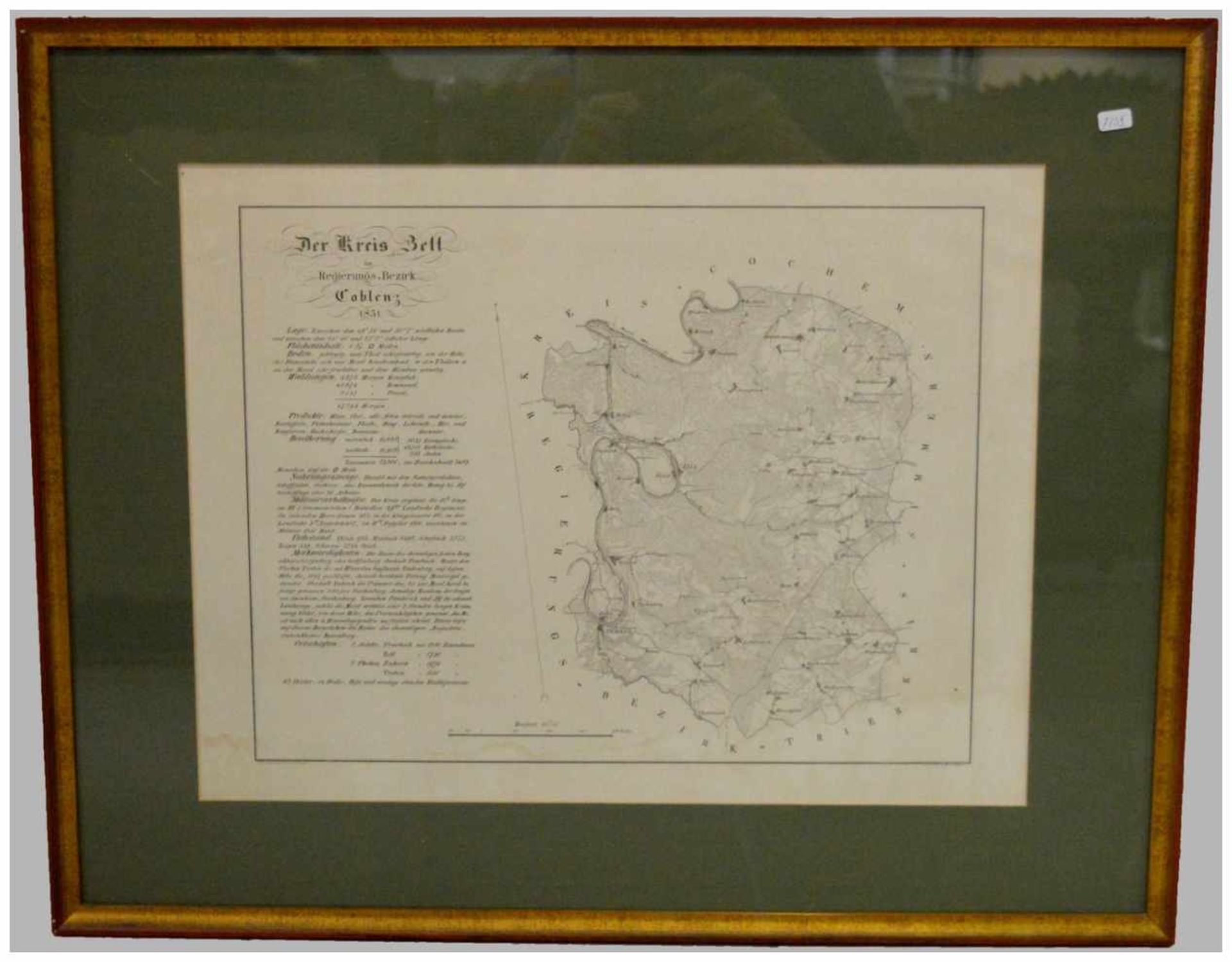 Landkarte Mosellauf, der Kreis Zell im Regierungsbezirk Koblenz 1831, im Rahmen, 51 X 64 cm