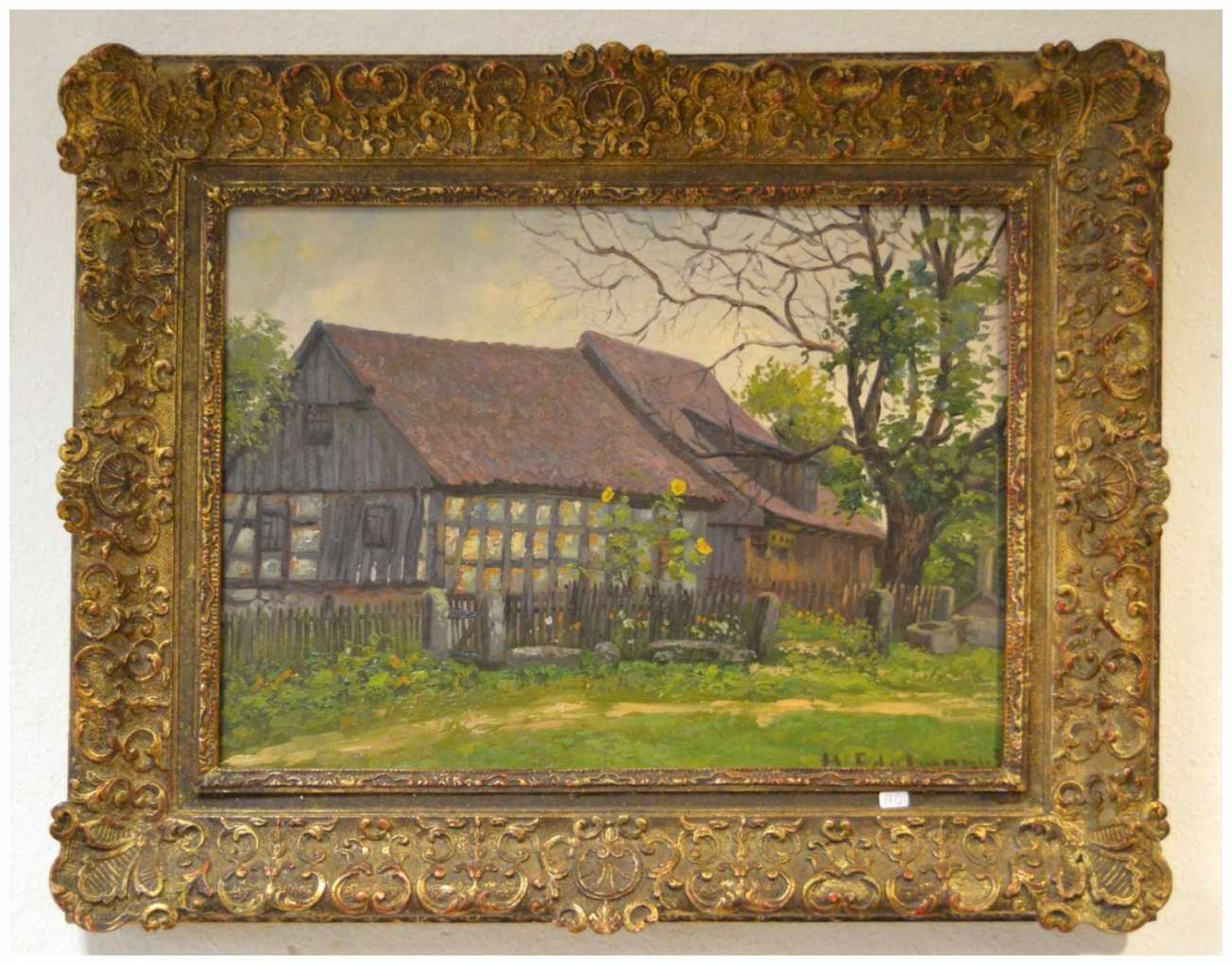 A. Edelmann 20. Jh., Fachwerkhaus mit Garten, Öl/Holz, u.r.sign. und dat., 38 X 52 cm, Rahmen