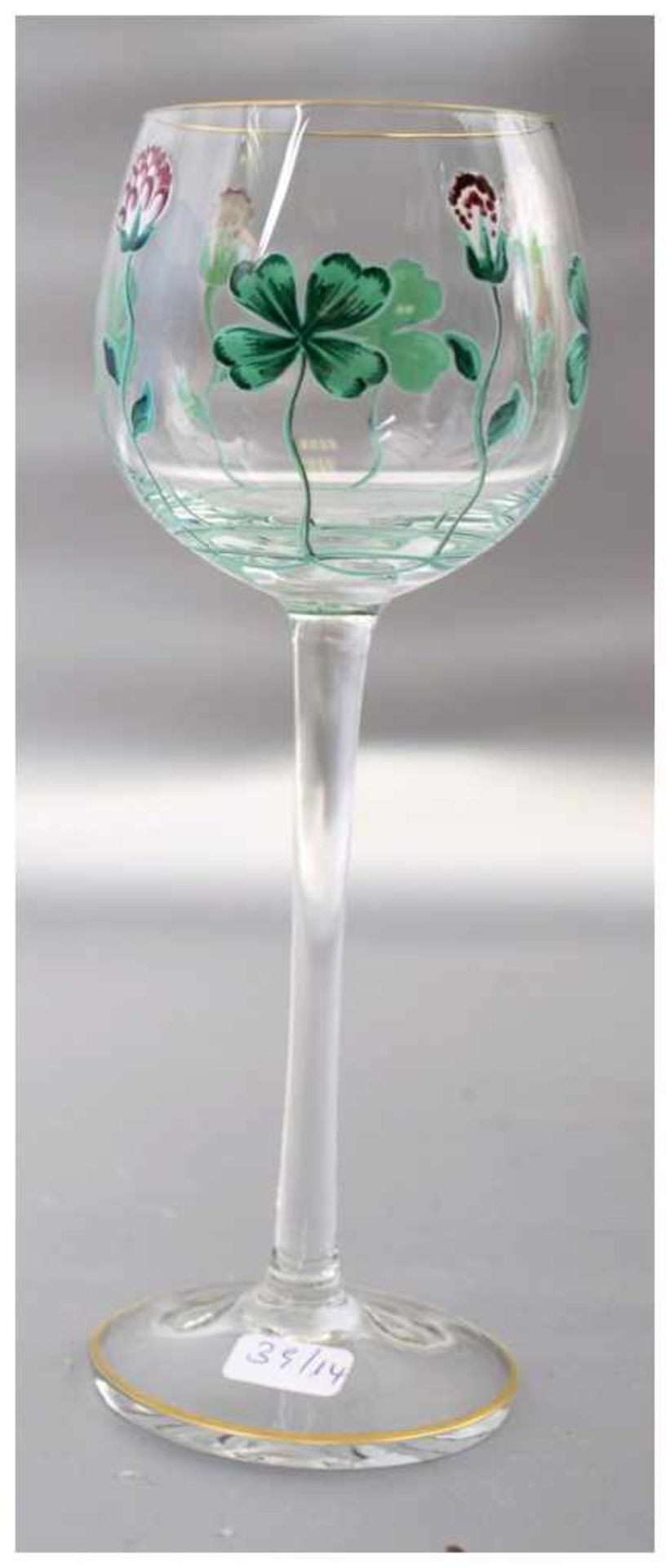 Weinglas farbl. Glas, Kelch mit Goldrand, mit grüner und bunter Blumenbemalung, H 19 cm, um 1900