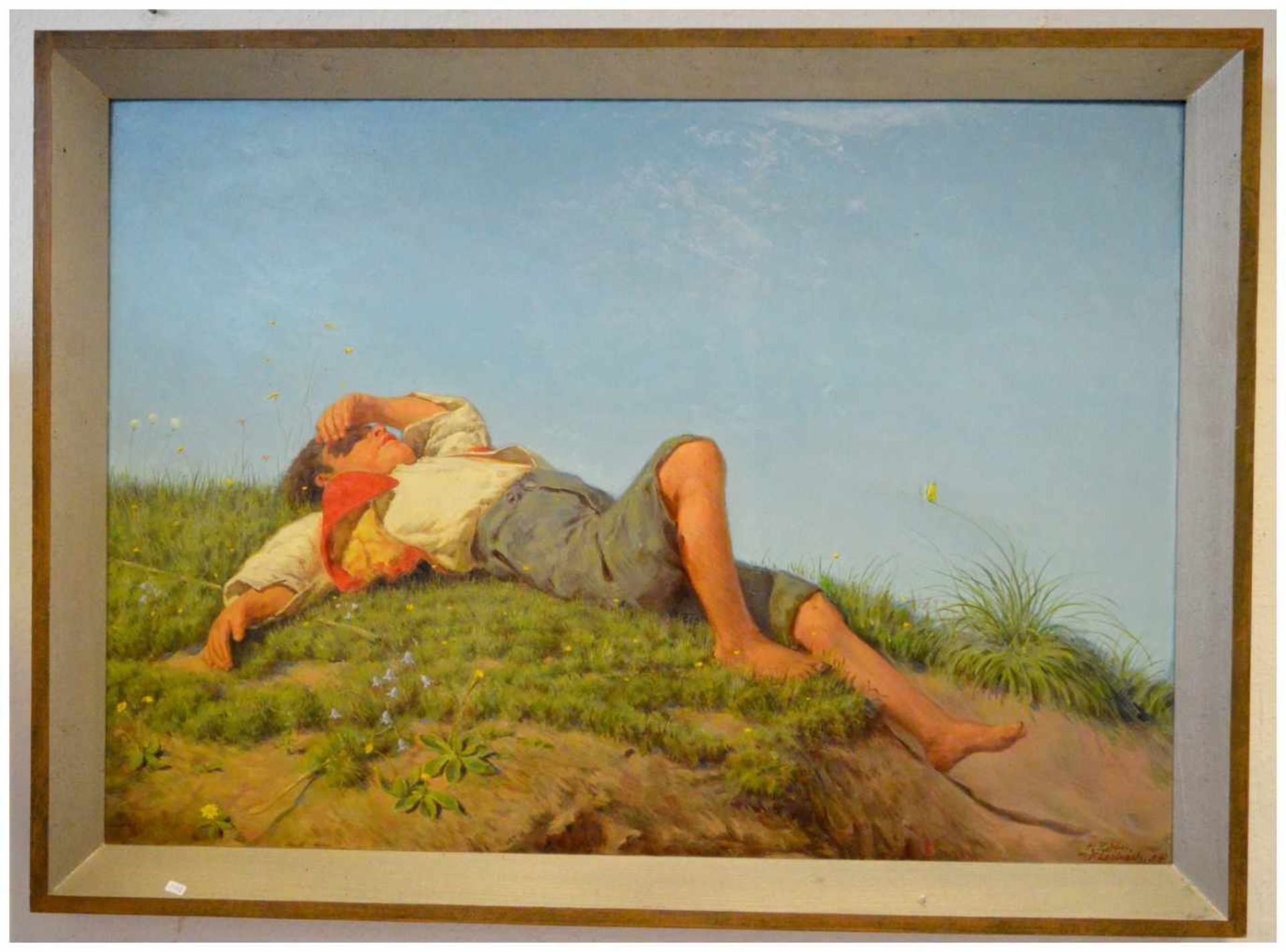 Unbekannter Maler Kopie nach F. von Lenbach von 1954, schlafender Hirtenknabe, Öl/Hartfaserplatte,
