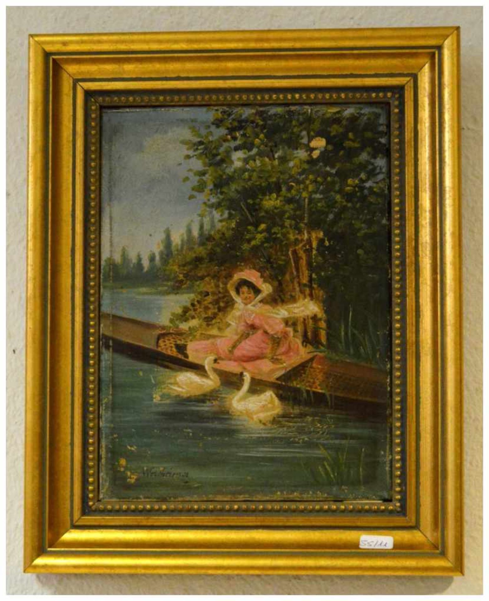 Wertheimer um 1900, elegantes Mädchen im Ruderboot, mit zwei Schwänen, Öl/Lwd., u.l.sign., 16 X 22