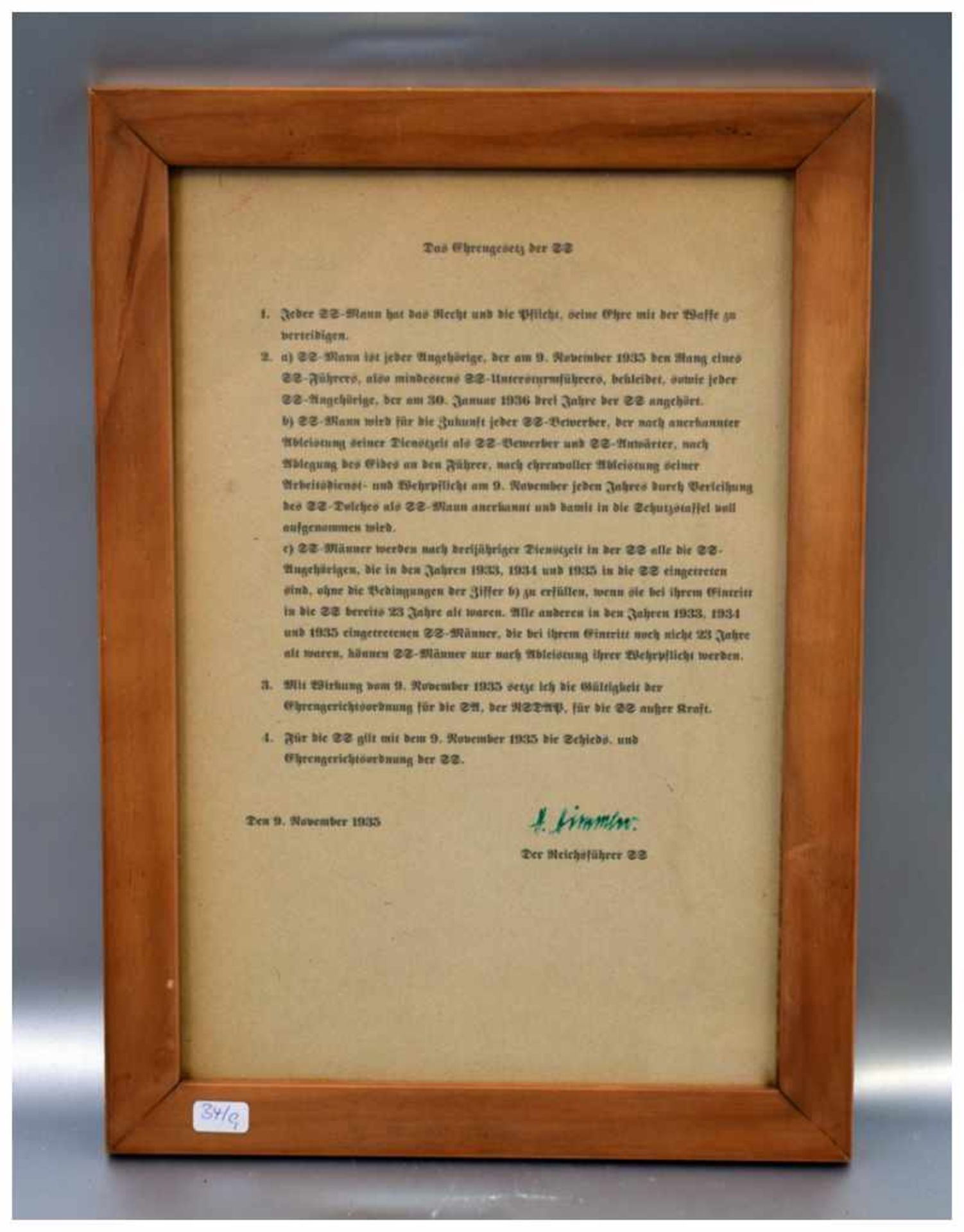 Ehrengesetz der SS mit Unterschrfit, H.Himmler, im Rahmen, 24 X 34 cm