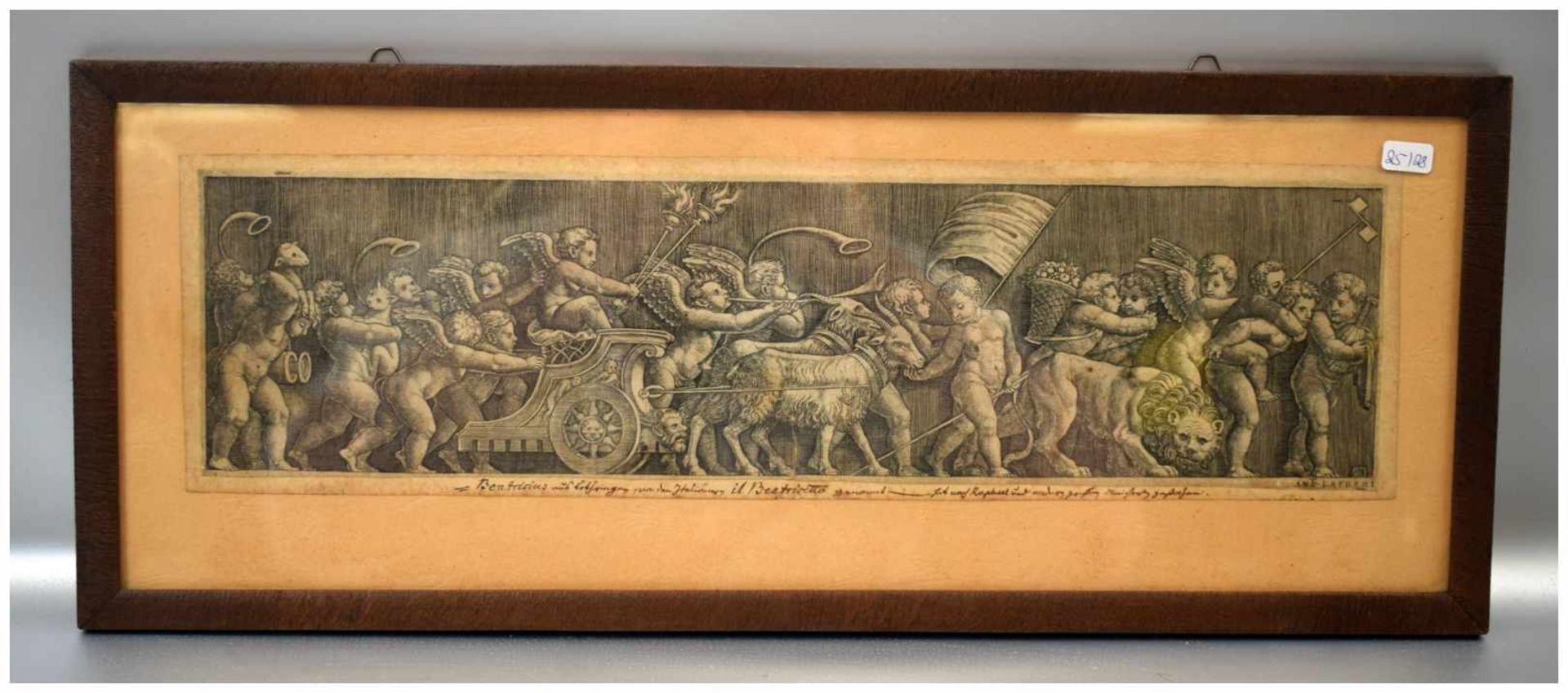 Kupferstich geflügelte Engel im Streitwagen, mit Fabelwesen, im Rahmen, 19 X 48 cm, 18. Jh.