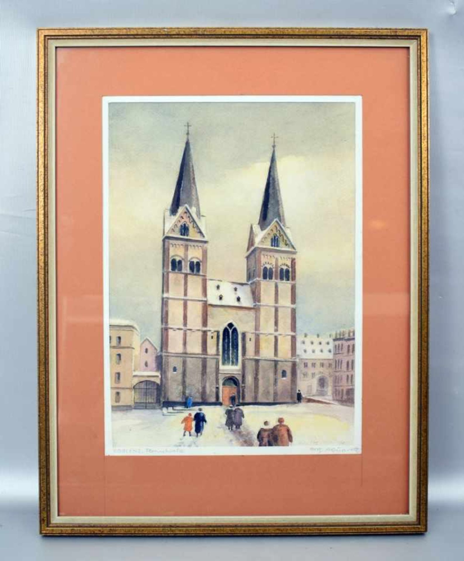 Aquarell Ansicht der Florinskirche in Koblenz im Winter, mit Figurenstaffage, u.r.sign. Karl