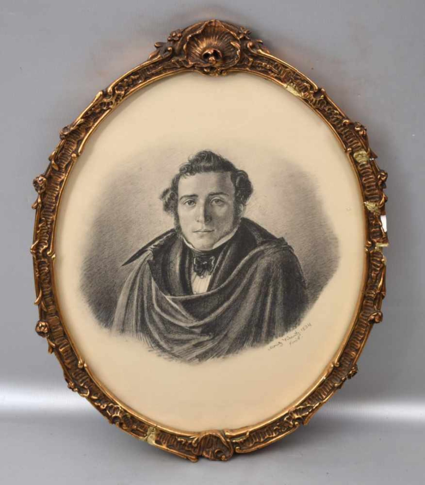 Rahmen mit Portrait eines Herrn, an der Seite beschriftet und dat. 1834, im ovalen verzierten