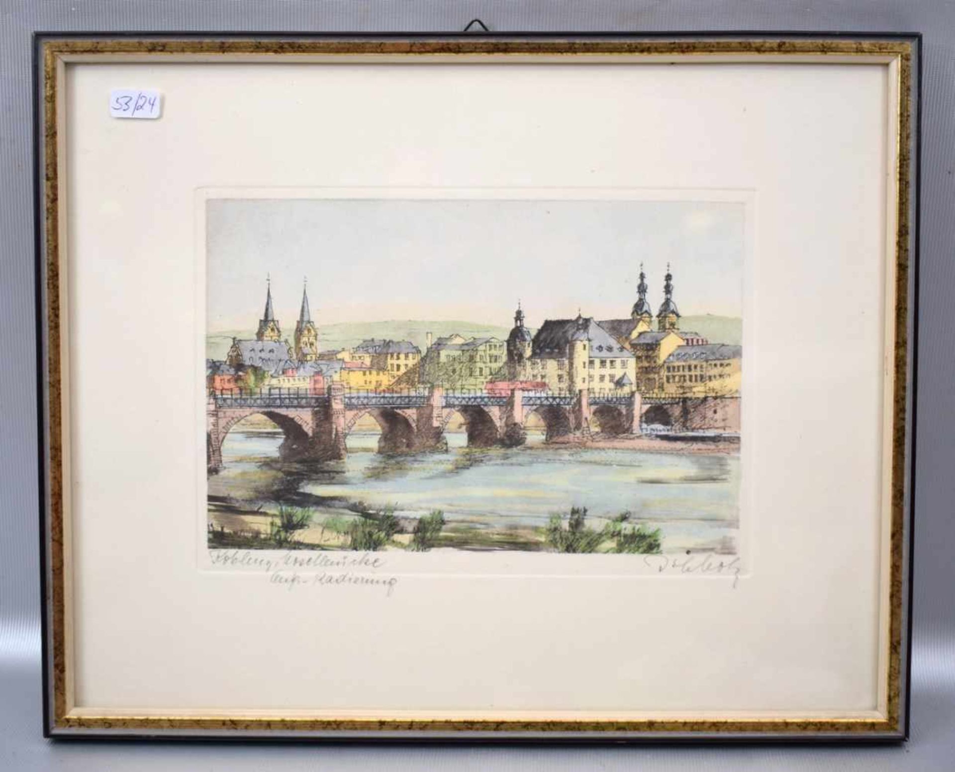 Lithografie Ansicht der Moselbrücke in Koblenz, coloriert, 13 X 20 cm, Rahmen