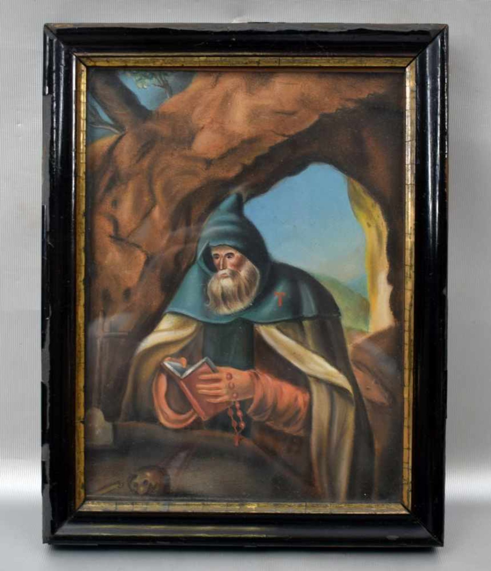 Mischtechnik Mönch mit Gebetbuch und Rosenkranz in einer Höhle, 18 X 25 cm, Rahmen