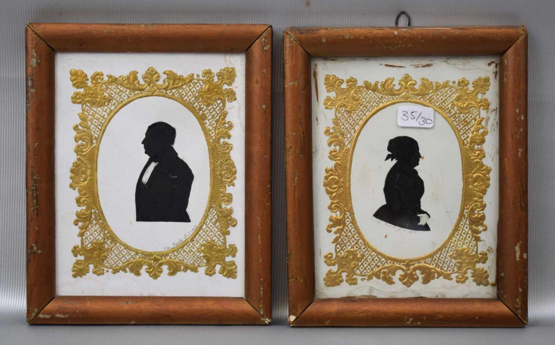Zwei Schattenbilder Dame und Herr, Schwarzlotmalerei, gold verzierter Rand, sign. und dat. 1853, 9 X