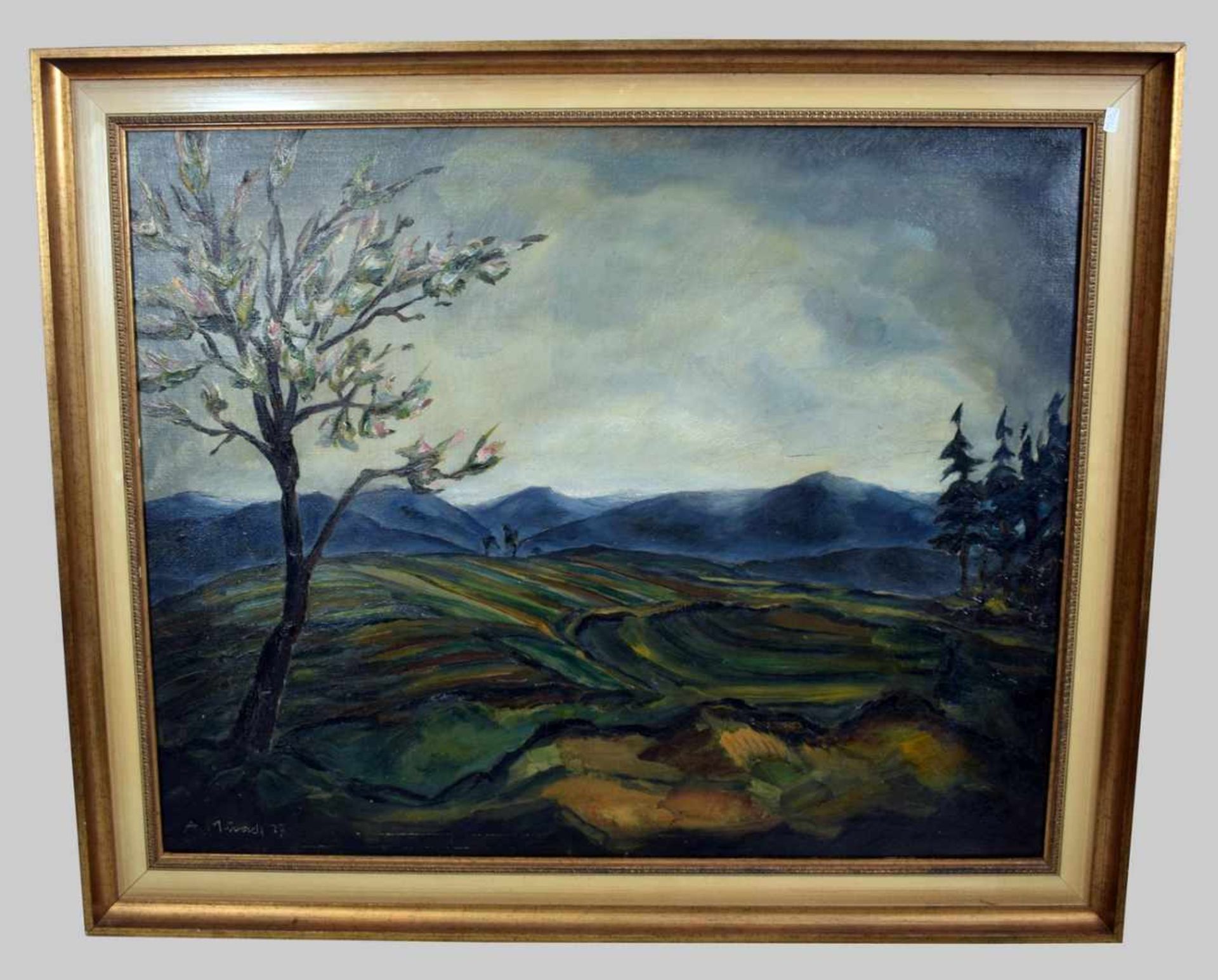 Adam Münch 1886 Lahr/Hunsrück-1970 Koblenz, blühender Baum in mystischer weiter Landschaft, Öl/Lwd.,