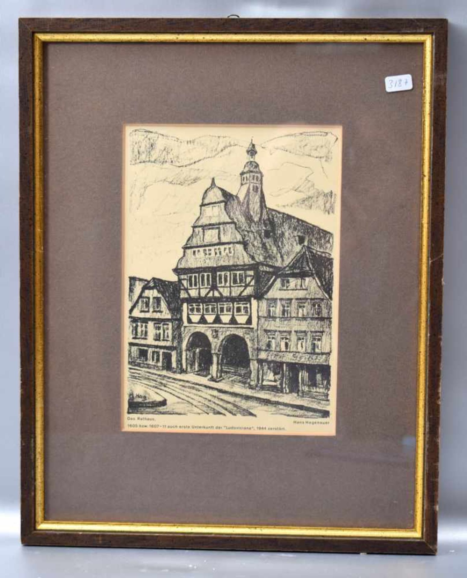 Holzschnitt Altes Rathaus in Gießen, 15 X 21 cm, Rahmen