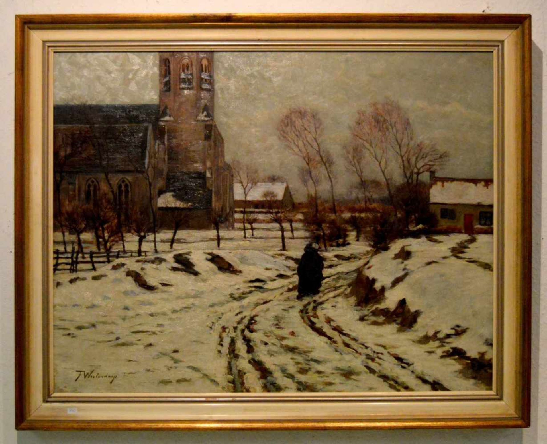 Fritz Westendorp 1867 Köln-1926 Düsseldorf, verschneite Dorfansicht mit Kirche, Frau auf dem