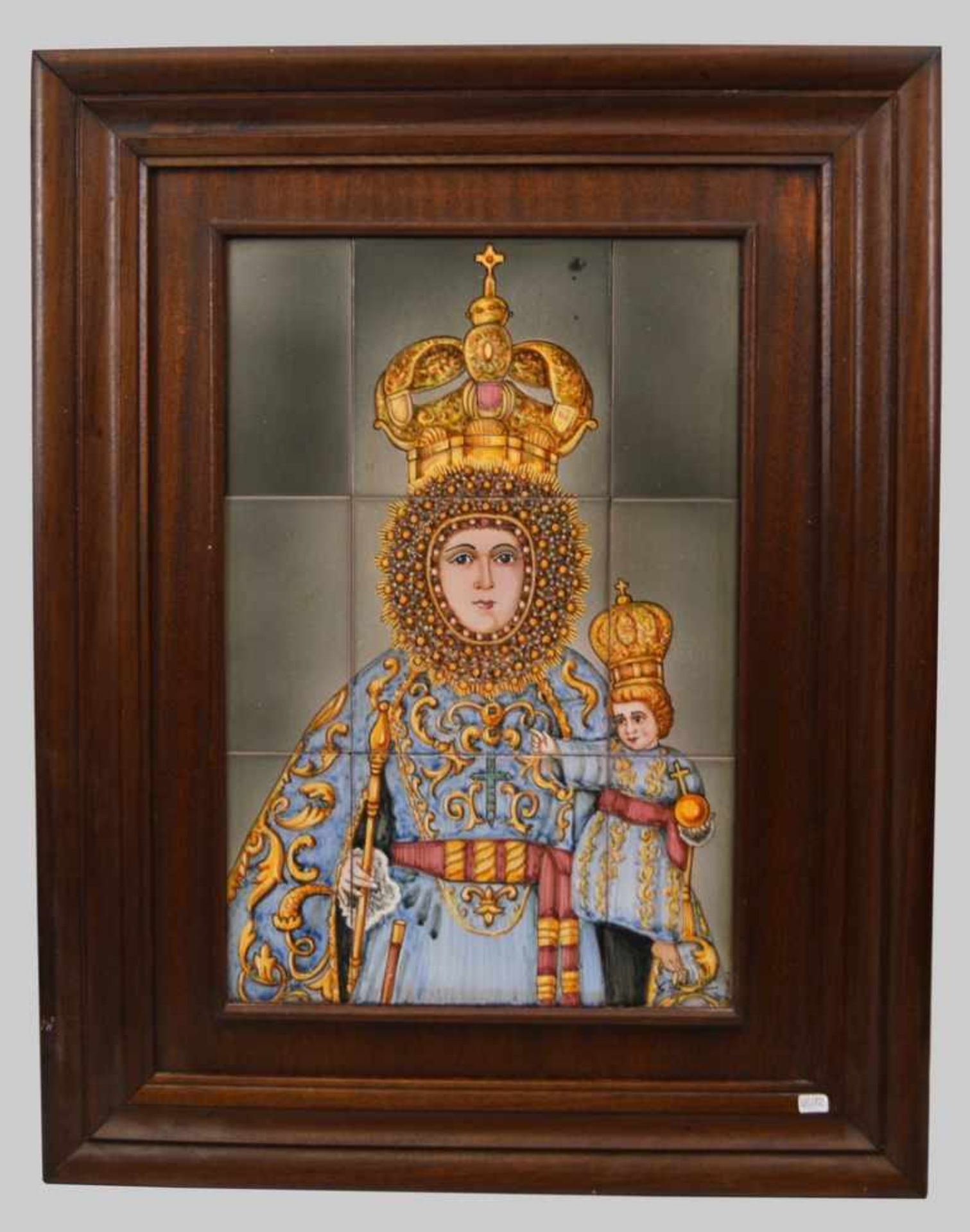 Kachelbild Mutter Gottes mit Kind, neun Kacheln, blau und bunt bemalt, u.r.sign., 31 X 46 cm,