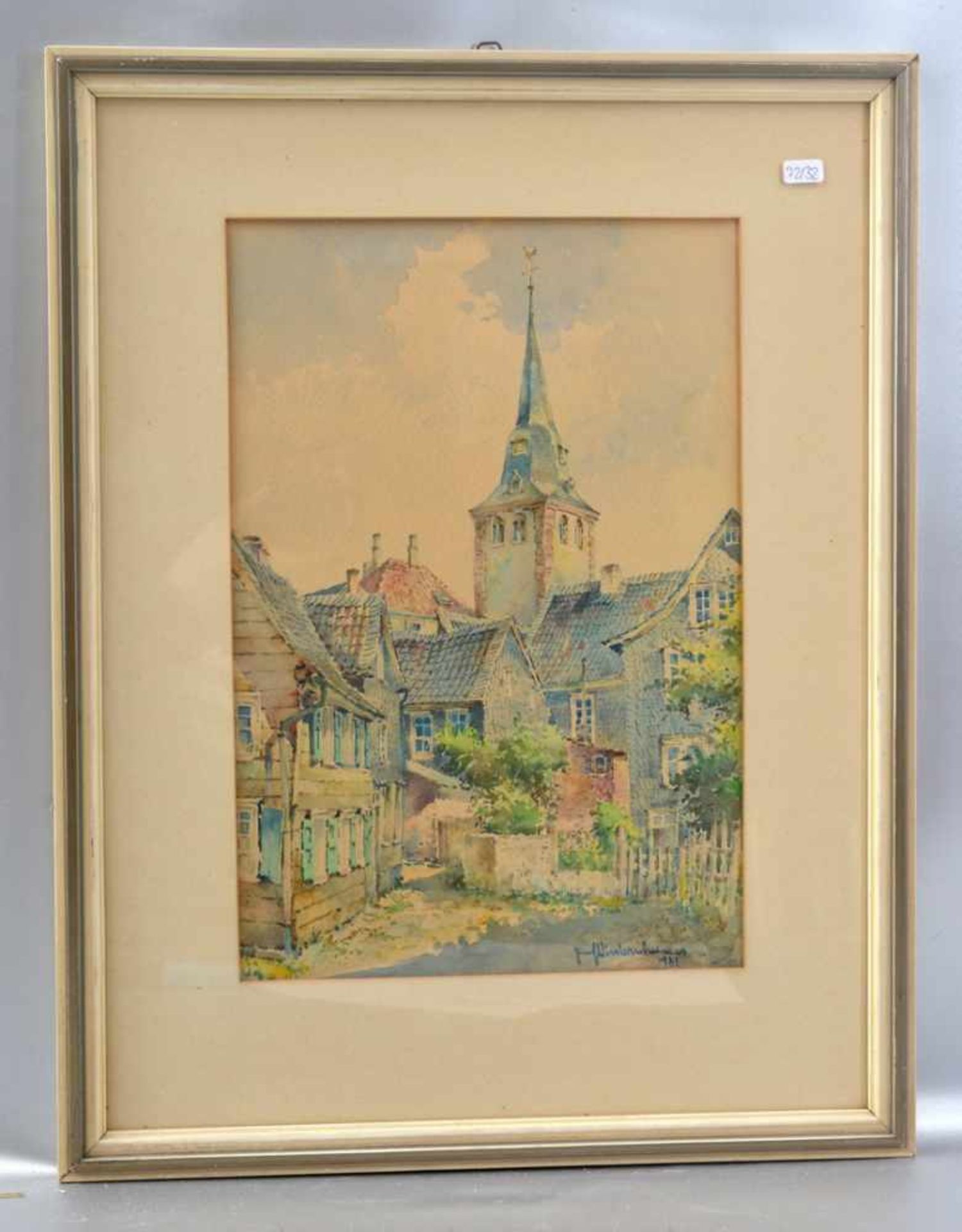 Aquarell Teilansicht eines Dorfes, mit Kirchturm, u.r.sign. und dat. 1932, 23 X 34 cm, Rahmen