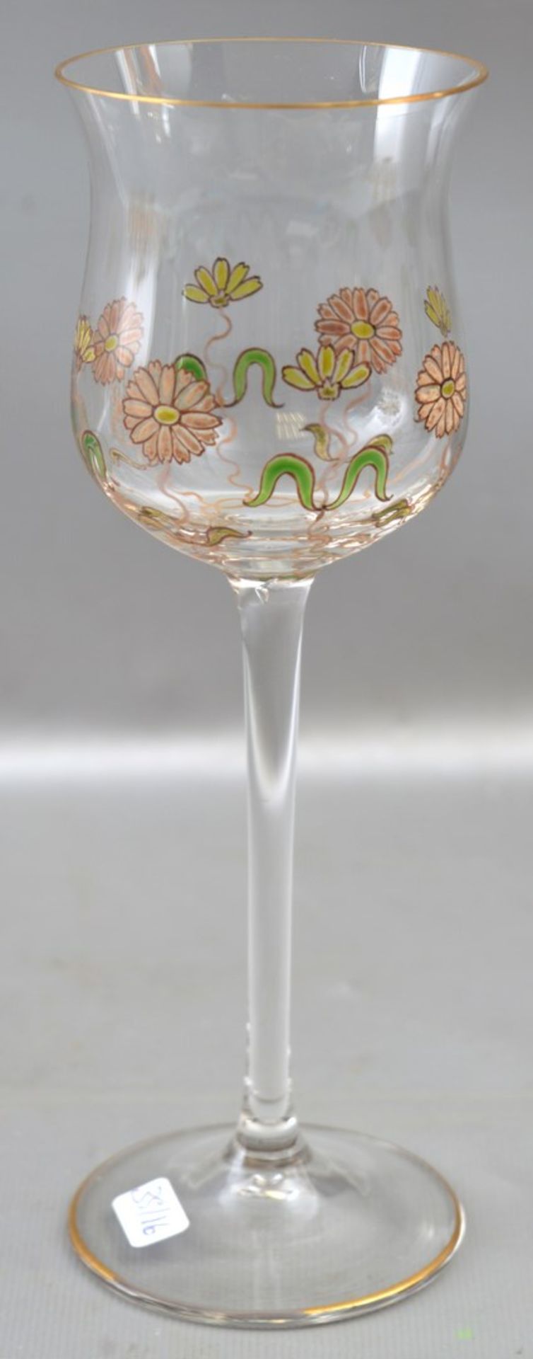 Weinglas farbl. Glas, Goldrand, Kelch mit bunter Blumenverzierung, H 19 cm