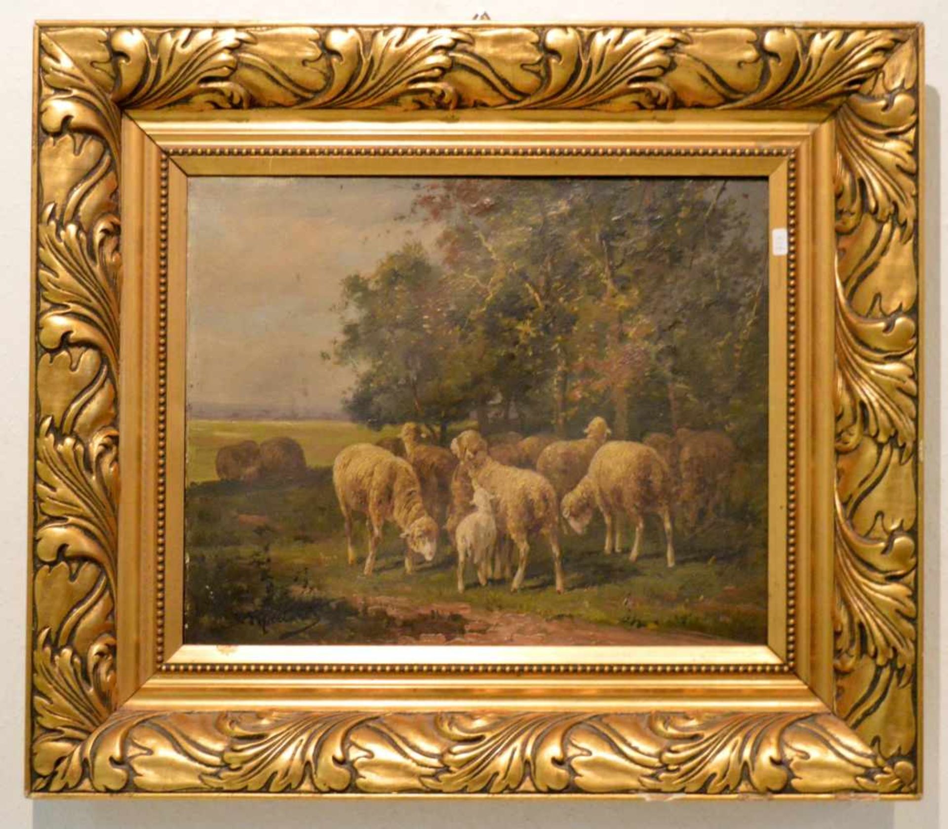 Martinez 19. Jh., Schafherde auf Waldlichtung, Öl/Lwd., u.l.sign., 33 X 41 cm, Goldrahmen (Besitz