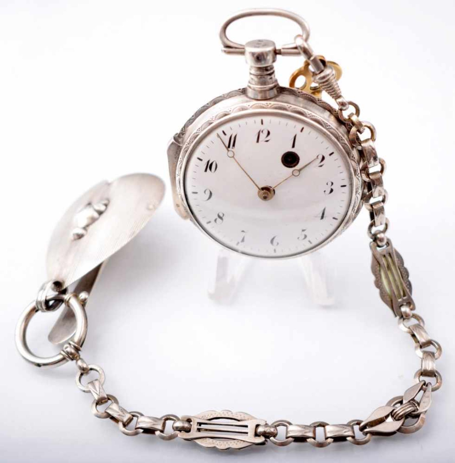 Große Spindeltaschenuhr mit Kette 800er Silber, Emailzifferblatt mit arabischen Zahlen, um 1800