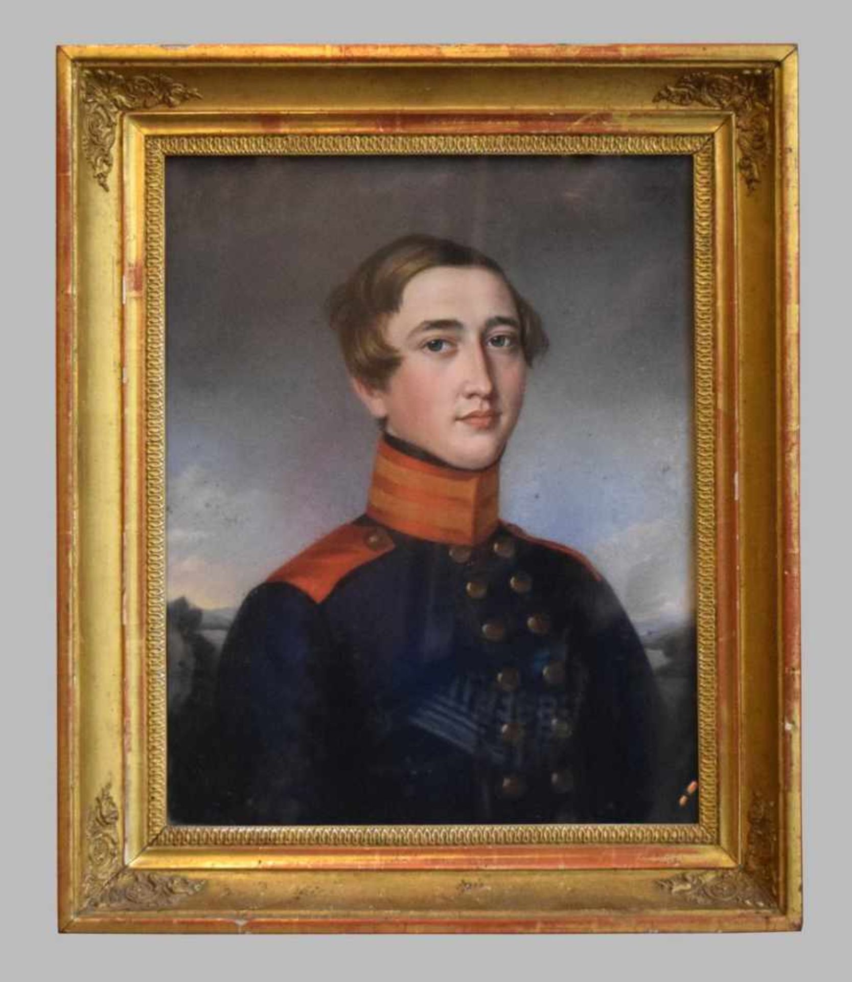 Pastellzeichnung Junger Offizier in rot/blauer Uniform, 29 X 36 cm, dek. Goldrahmen, um 1800 (Besitz