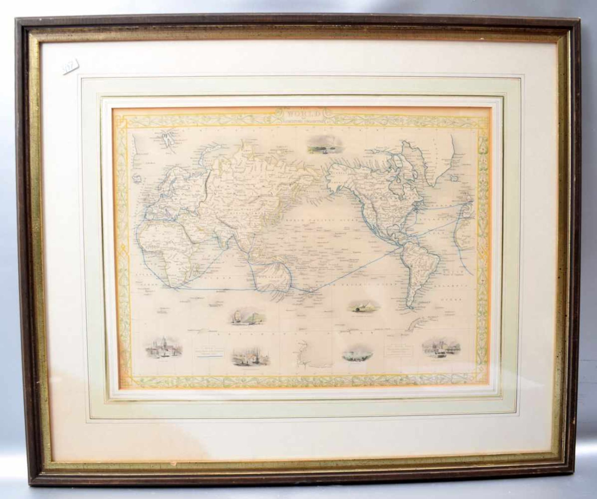 Stahlstich Weltkarte, mit div. Ansichten und Routen, 27 X 36 cm, Rahmen, 19. Jh.