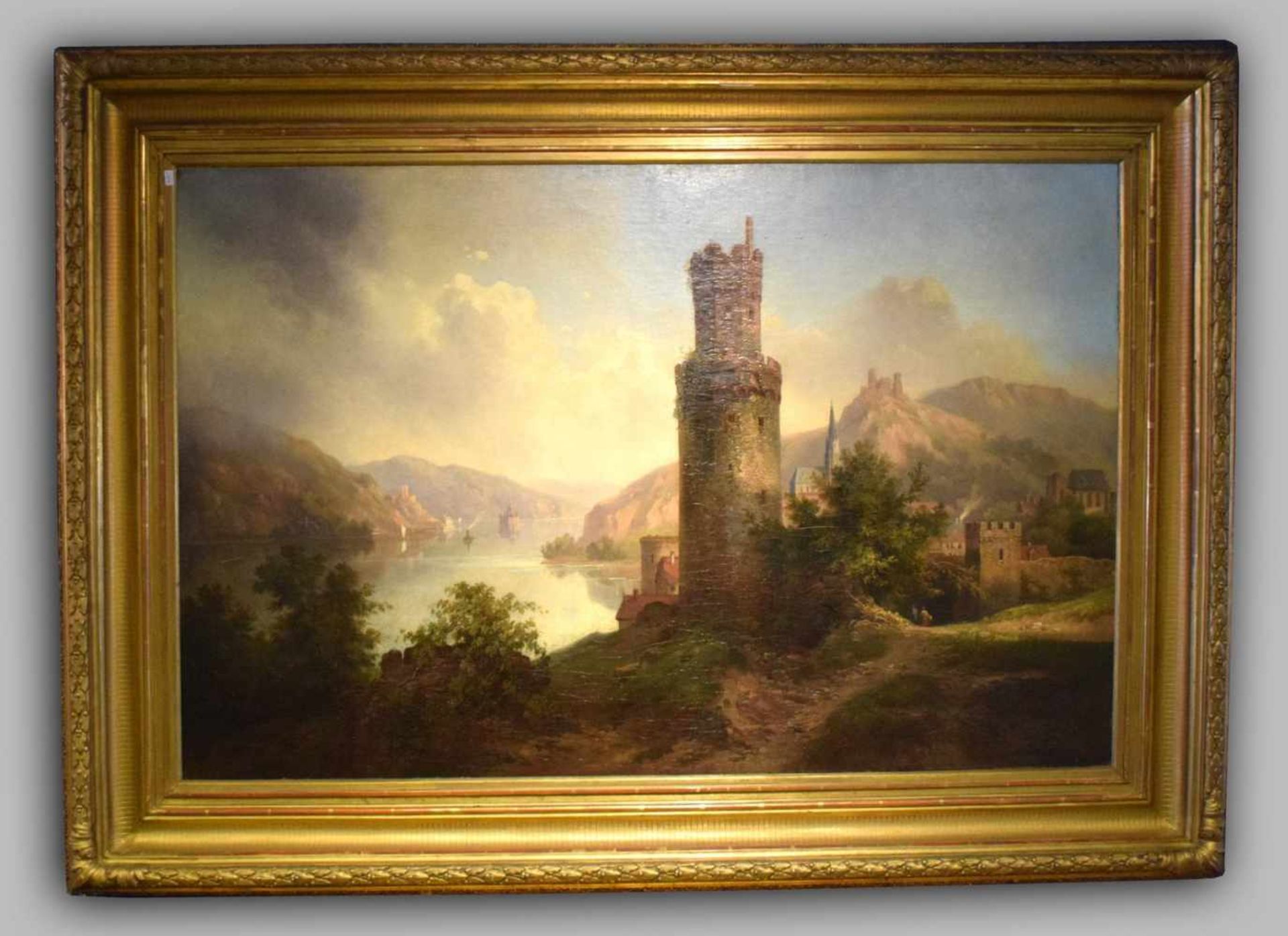 Eduard Elias Stiegel 1818-1879, Ansicht von Oberwesel, Rheinlauf mit der Pfalz bei Kaub und Blick