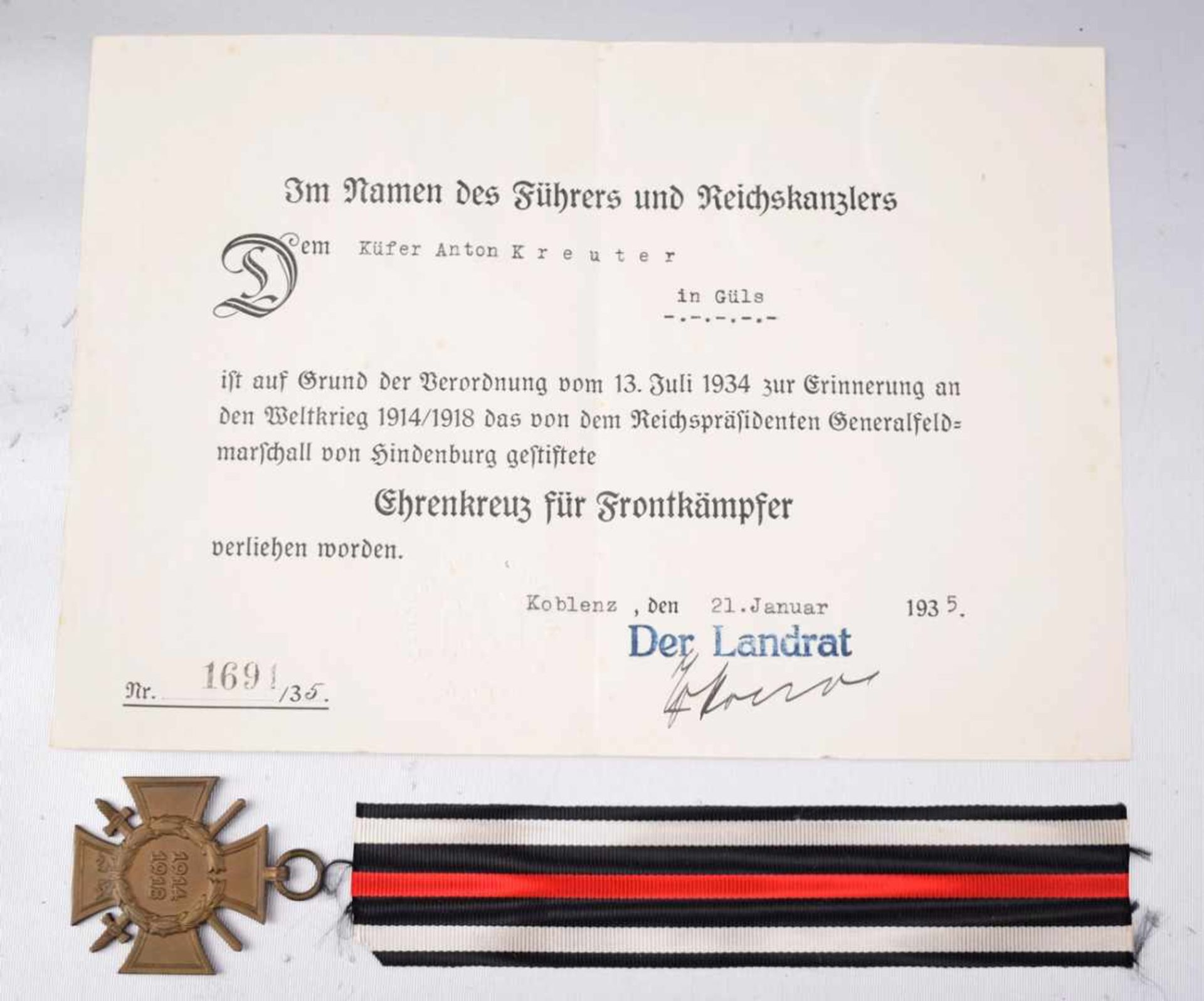 Ehrenkreuz für Frontkämpfer mit Urkunde, I. Weltkrieg