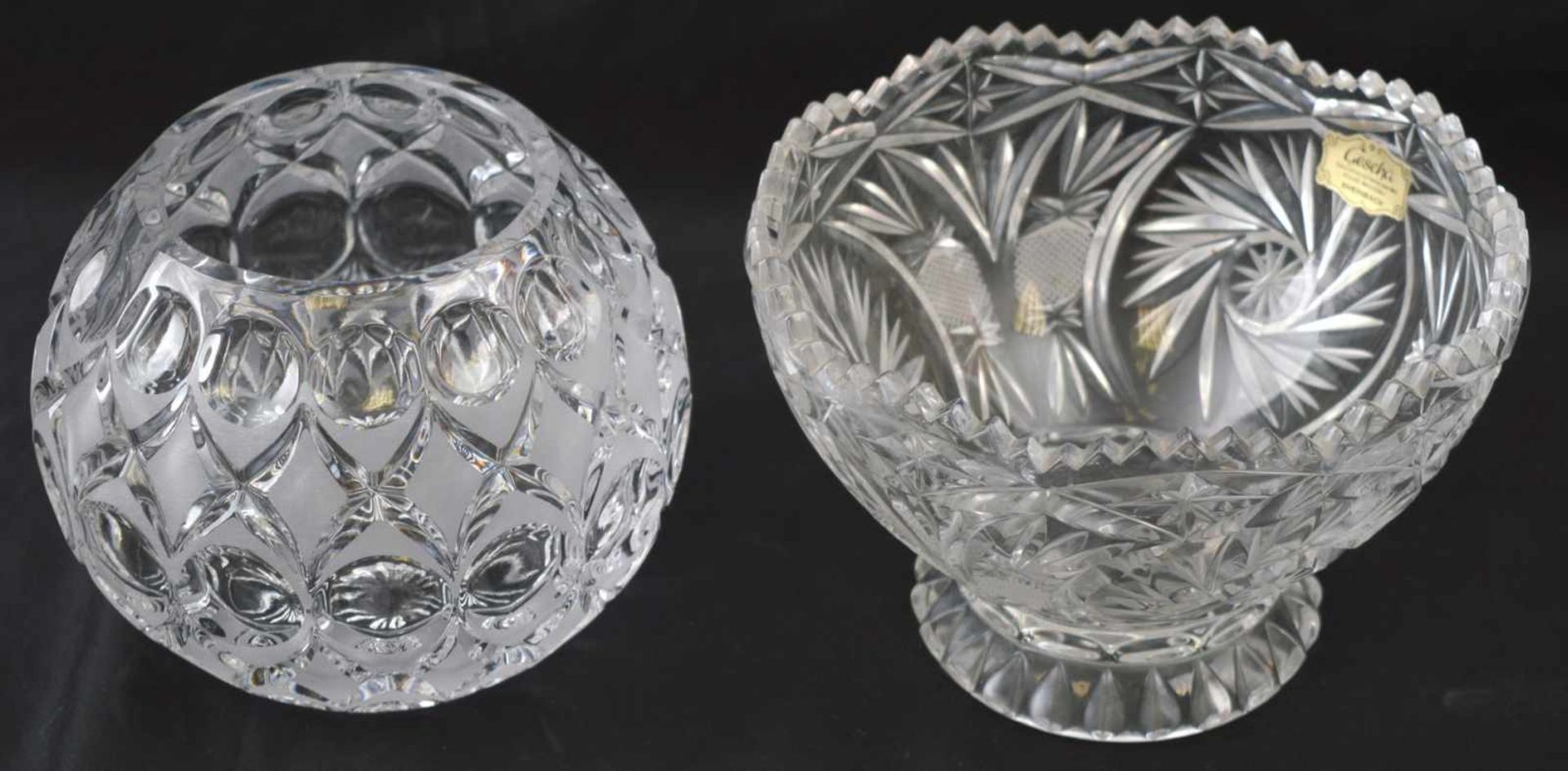 Vase und Schale farbl. Glas, rund, geschliffen verziert, H 11 cm, Dm 16 cm bzw. 10 cm