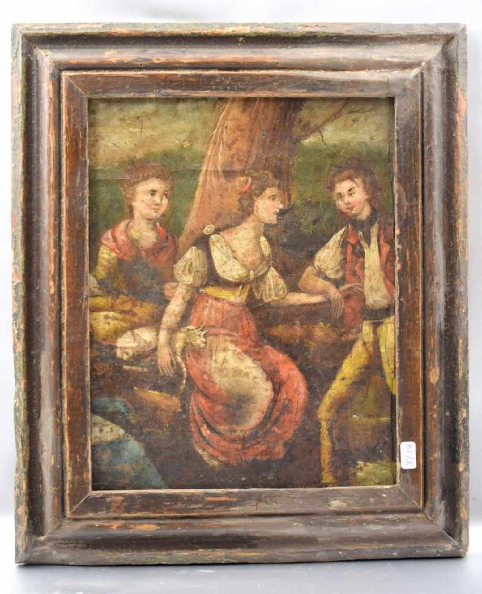 Unbekannter Maler um 1800, Gesellschaft am Baum sitzend, Öl/Lwd., auf Holz aufgezogen, 21 X 27 cm,