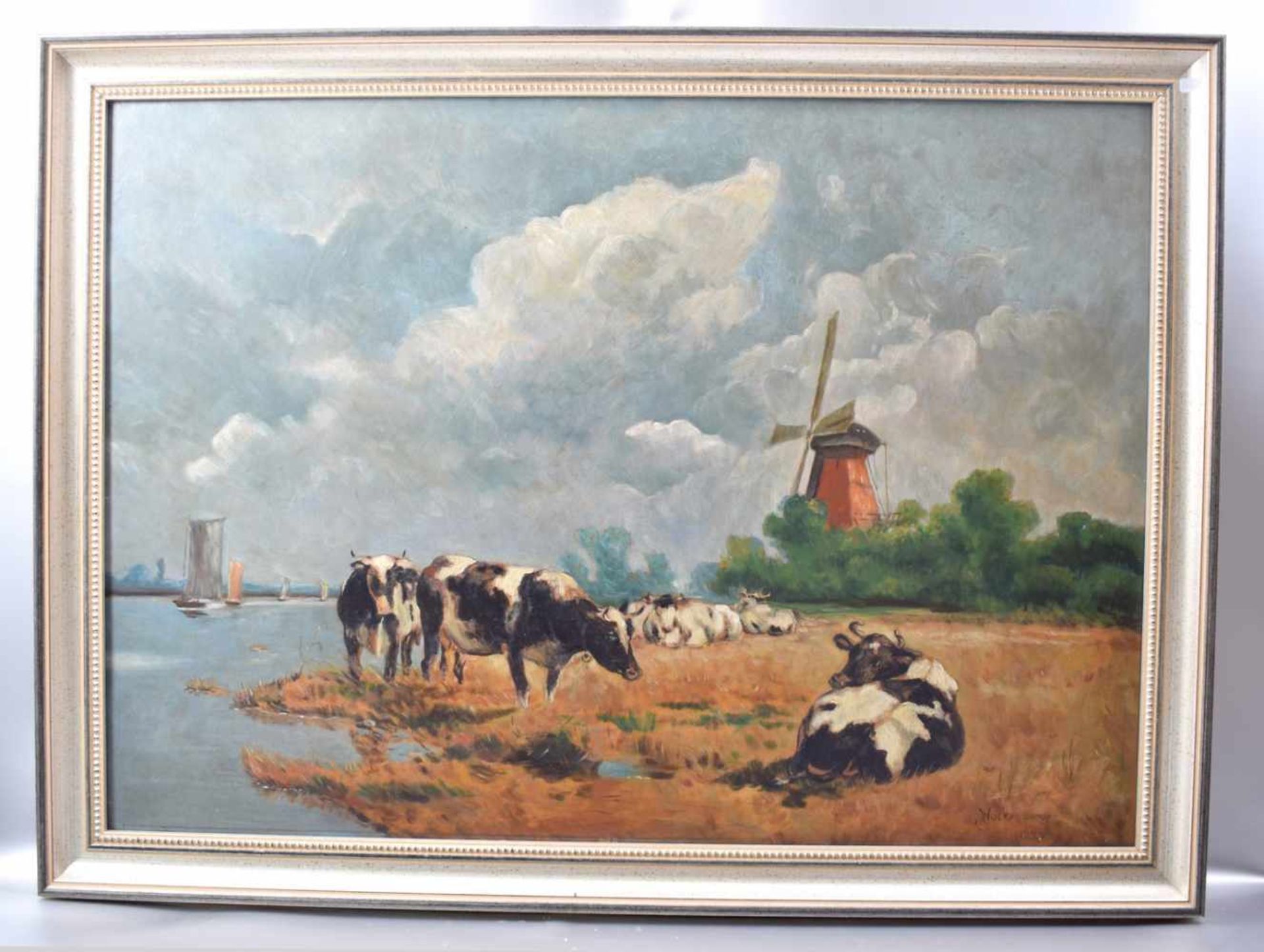 Hackenberger dat. 1949, Kühe am Flusslauf in holländischer Landschaft, mit Windmühle, Öl/