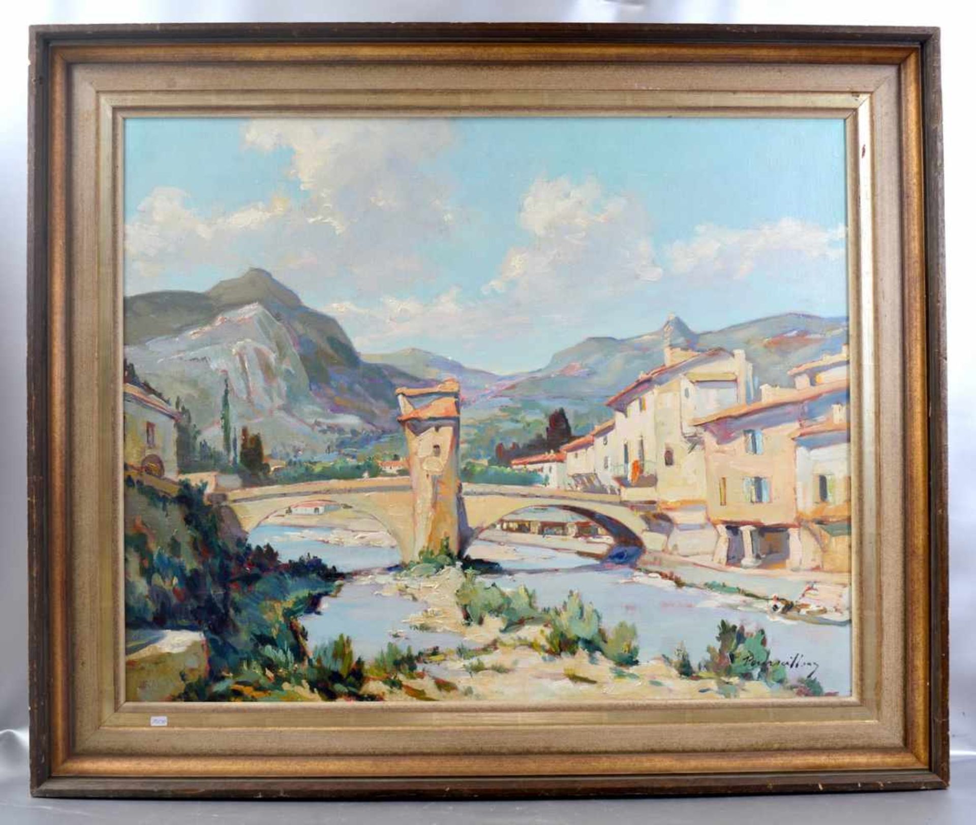 Unbekannter Maler Anfang 20. Jh., italienische Gebirgslandschaft mit Flusslauf und Steinbrücke, Öl/