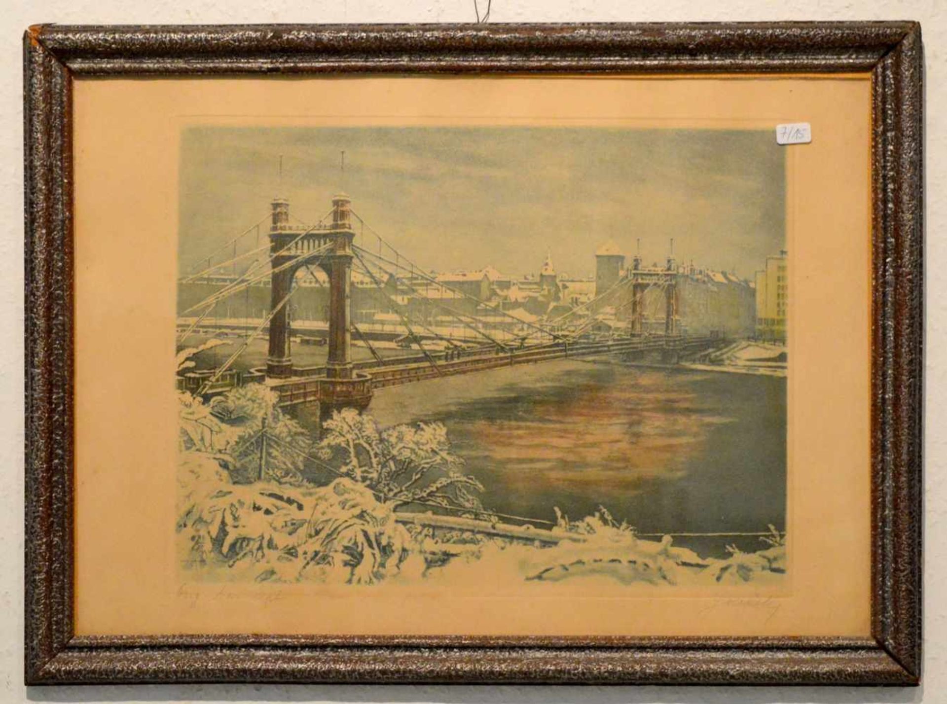 Lithografie Brücke mit Teilansicht einer Stadt, u.l.sign., 25 X 32 cm, Rahmen, um 1900 (Besitz