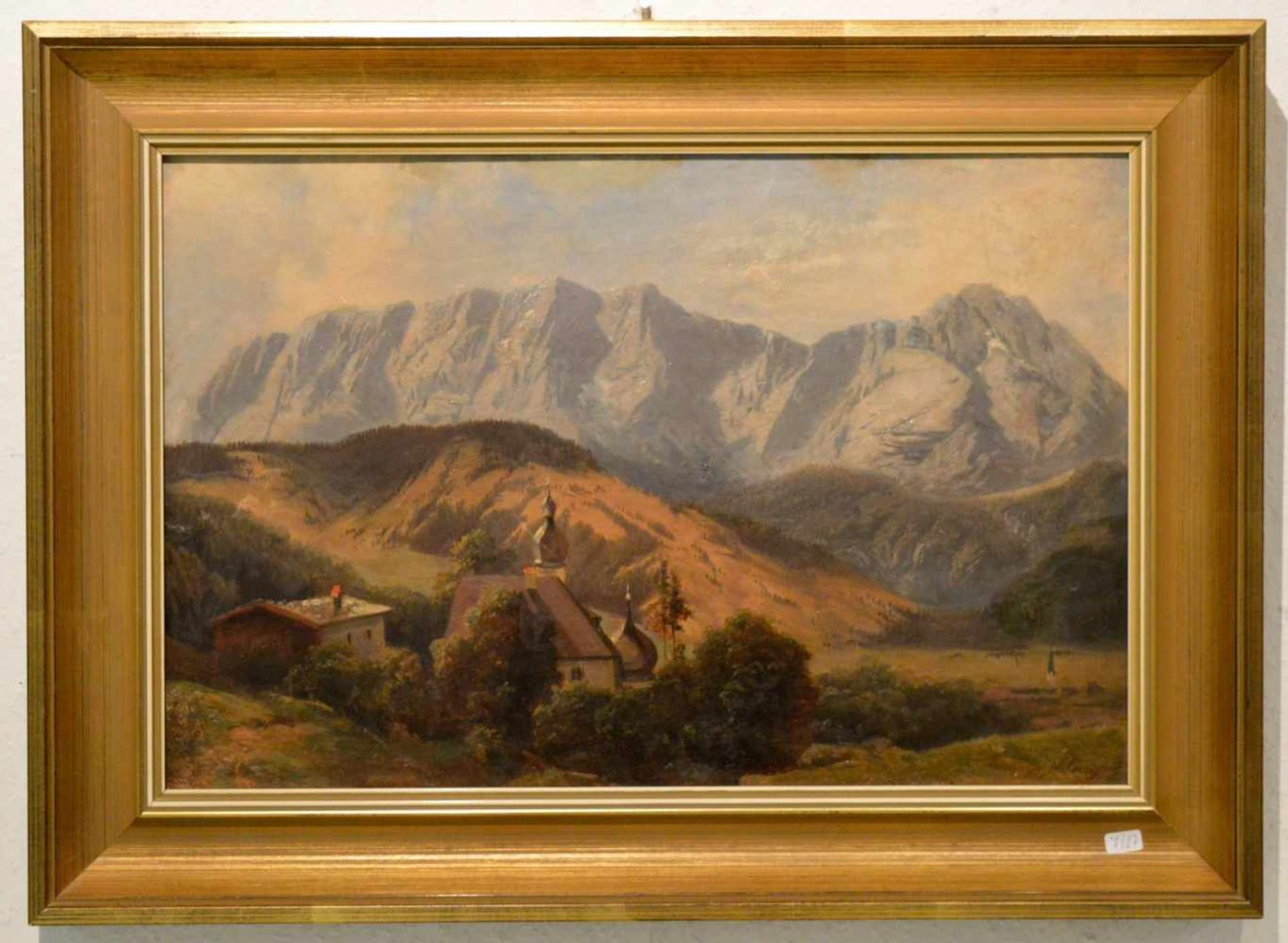 Ludwig Correggio 1846-1930, Dorf im Gebirge, mit zwei Kirchtürmen, im Hintergrund Gebirgszug, Öl/
