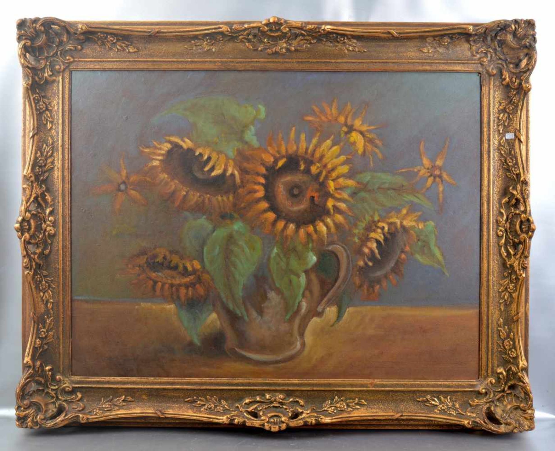 Unbekannter Maler 20. Jh., Sonnenblume in Keramikvase, Öl/Hartfaserplatte, 60 X 80 cm, dekorativer