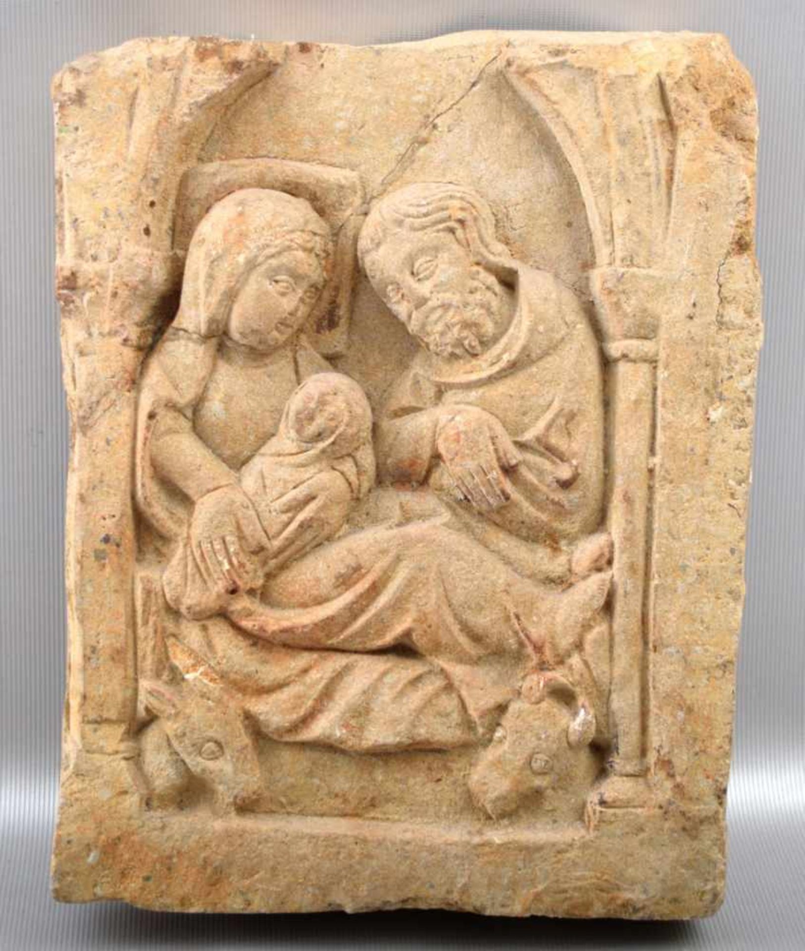 Relief Sandstein, die Heilige Familie, besch., 16 X 21 cm, 18./19. Jh.