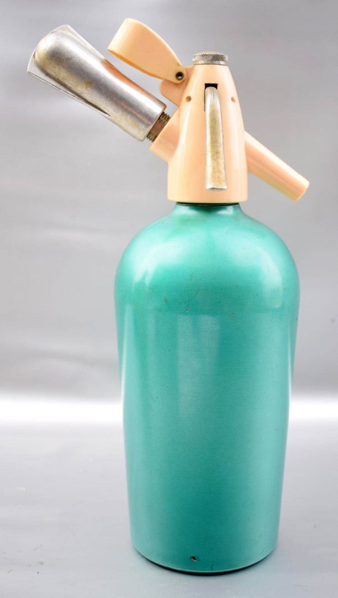 Sodaflasche türkis, H 30 cm, FM Kaiser, Made in Austria, 50er Jahre