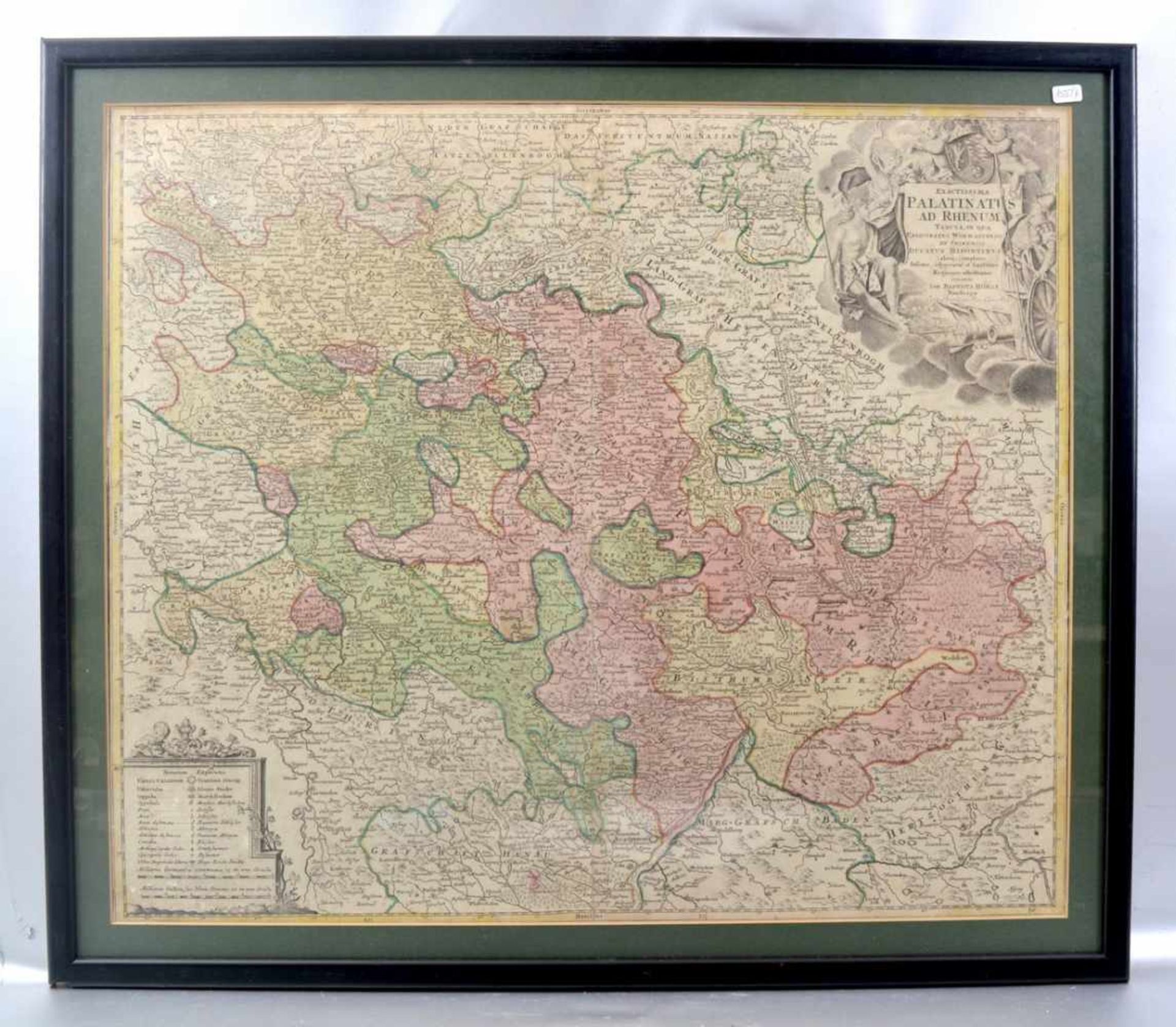 Landkarte Darmstadt, Mainz und Umgebung, teilweise coloriert, 48 X 57 cm, Rahmen, um 1800