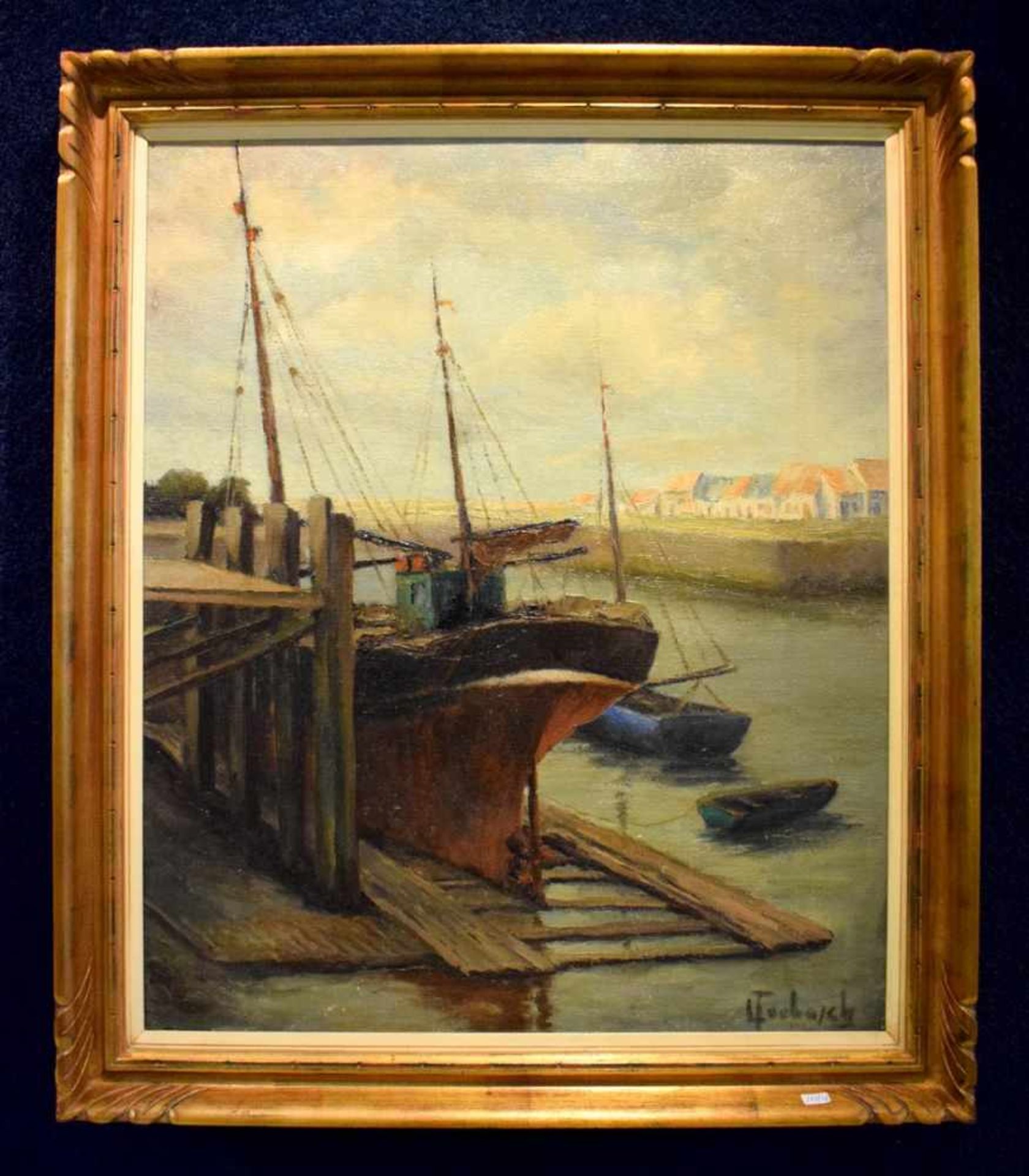 Unbekannter Maler Anfang 19. Jh., Schiffe am Dock, Teilansicht eines Dorfes, Öl/Lwd., 50 X 60 cm,