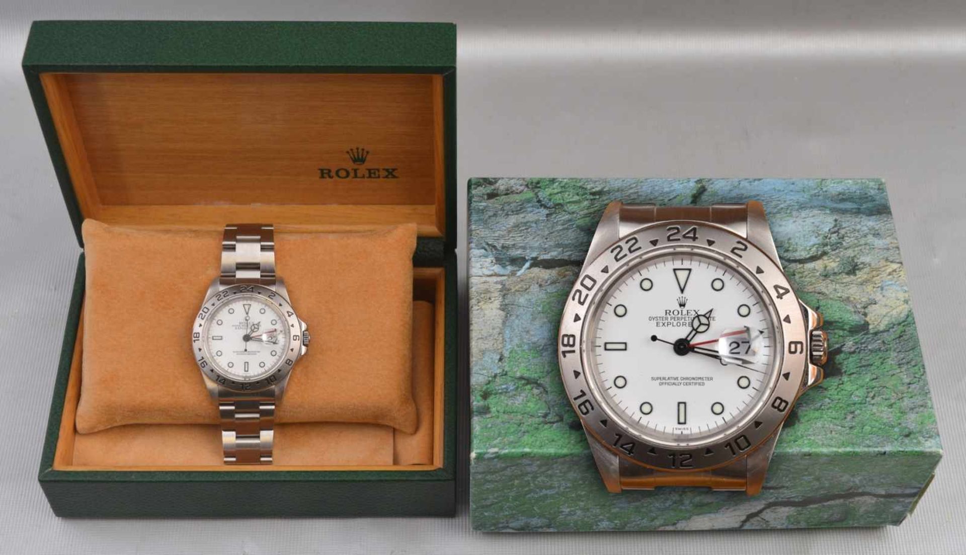 Herrenarmbanduhr Rolex Explorer II Edelstahl, Datumsanzeige, zweite Zeitzone, mit Box, sehr guter