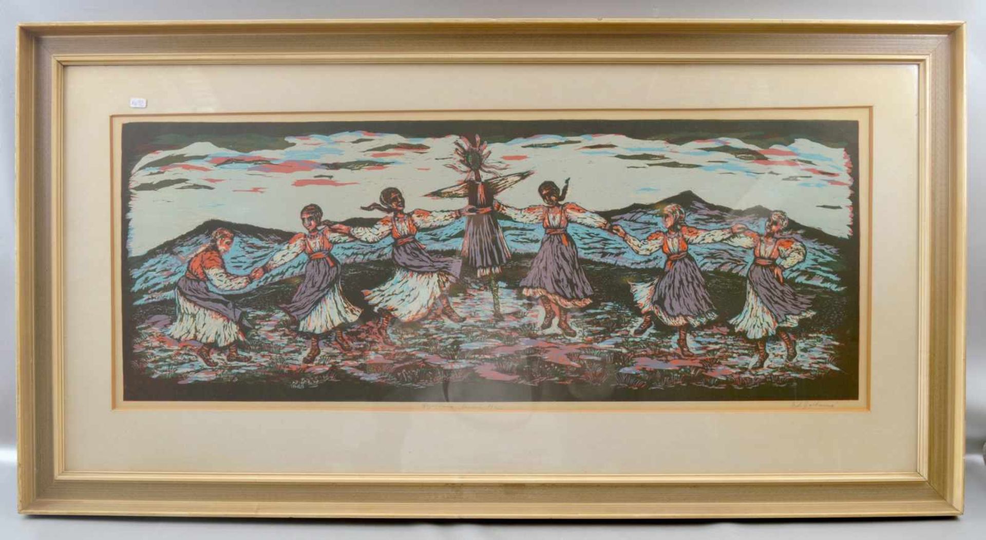 Lithografie tanzende Mädchen um Vogelscheuche, dat. 1972, 33 X 84 cm, Rahmen