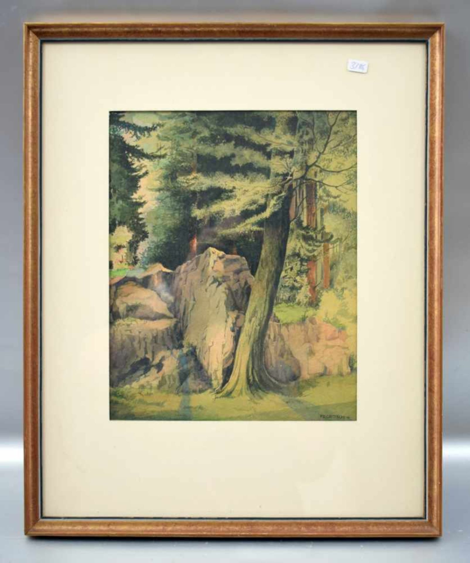 Aquarell Wald mit Felsen, u.r.sign. Fr. Grosch und dat. 41, 23 X 29 cm, Rahmen