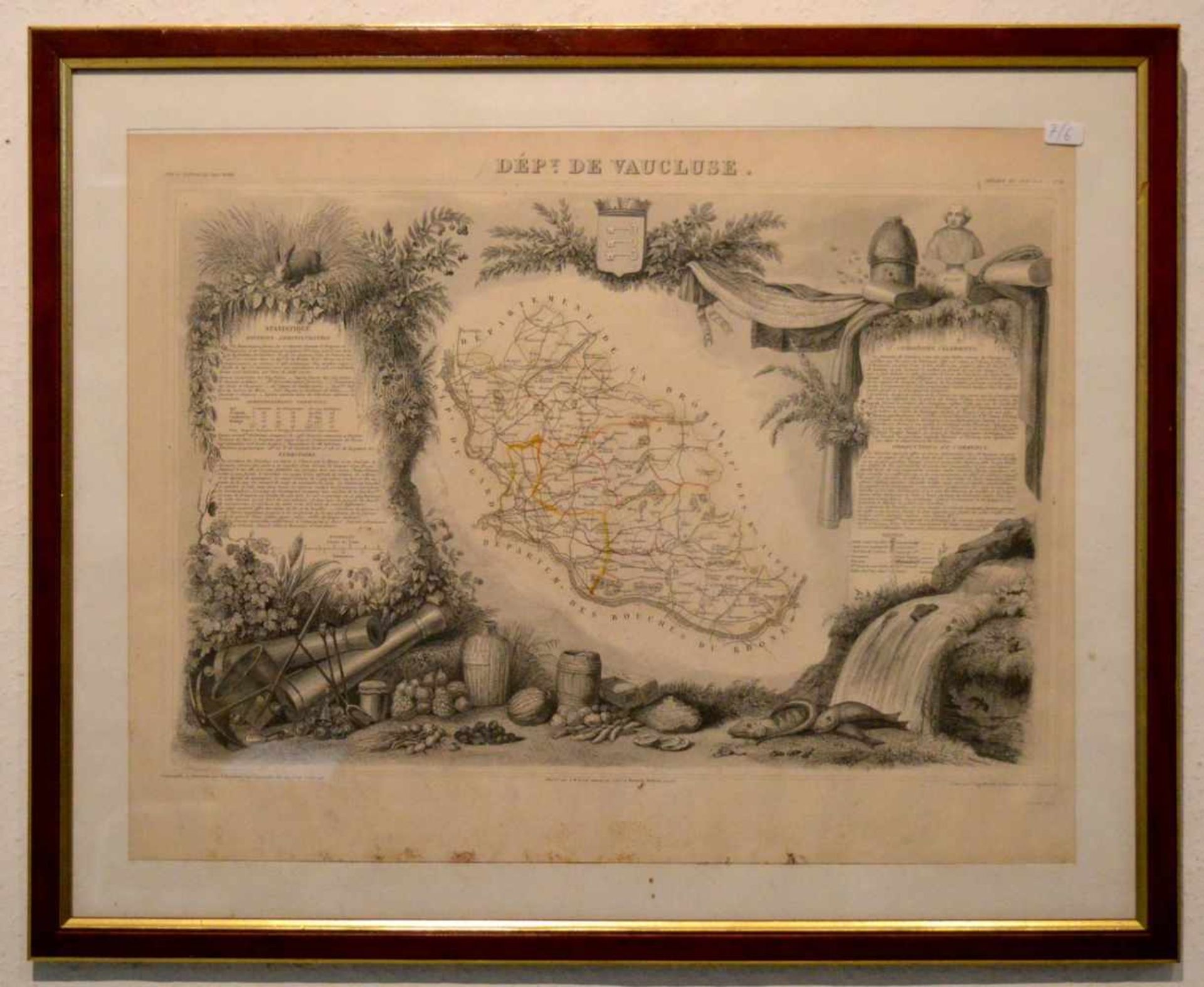 Französische Landkarte teilweise coloriert, 34 X 43 cm, Rahmen (Besitz Schloss Dillich)