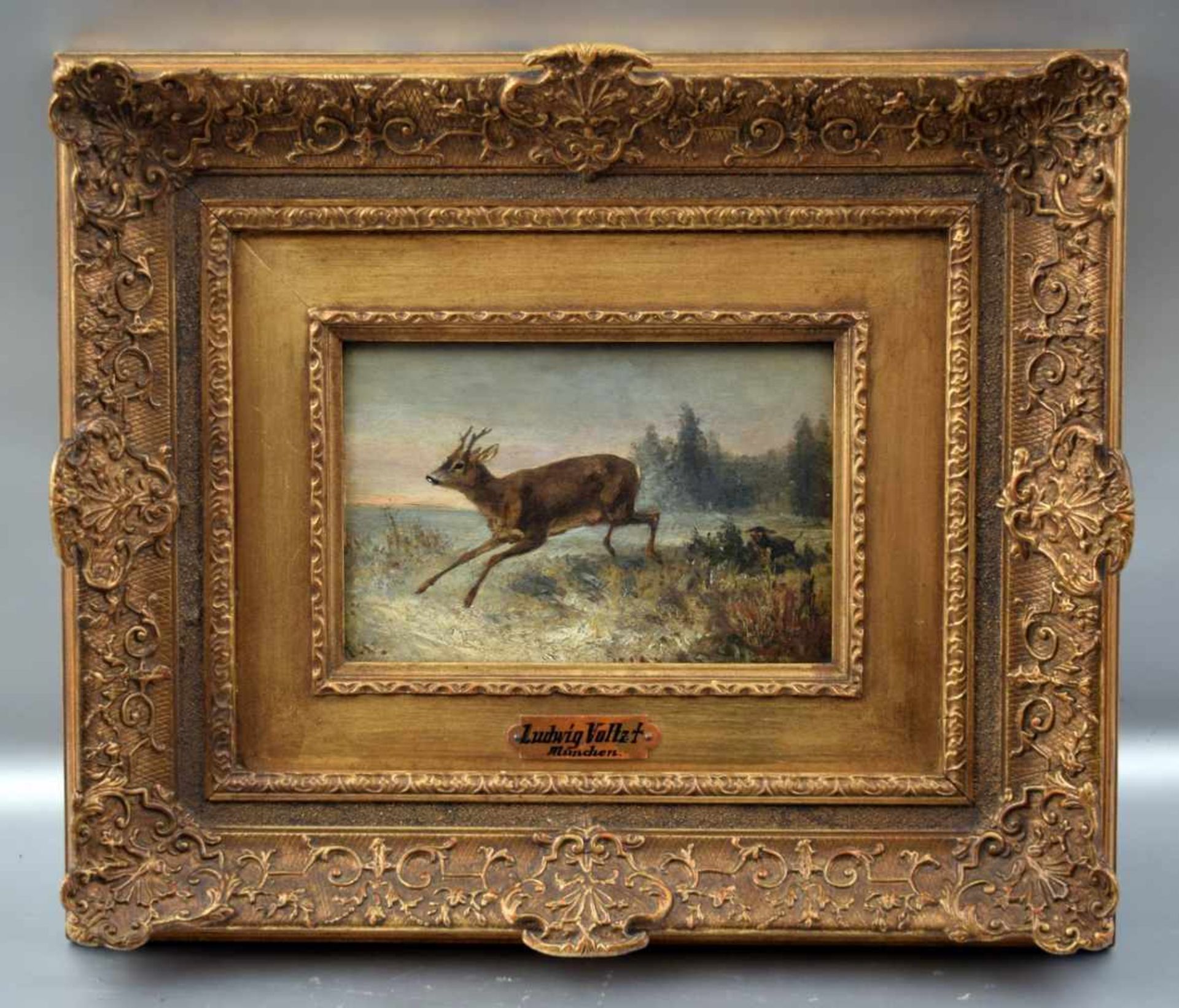 Ludig Voltz 1825-1911 München, springender Rehbock mit Jagdhund in winterlicher Landschaft, Öl/Holz,