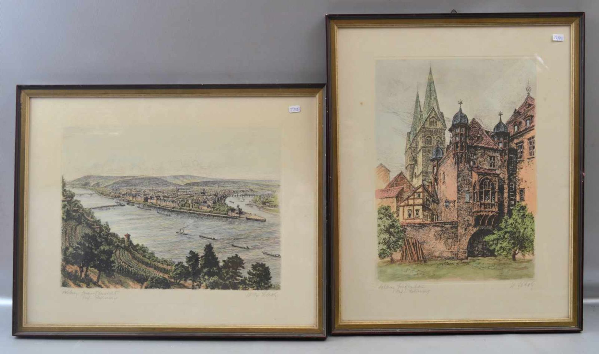 Zwei Radierungen Das alte Schöffenhaus und Ansicht vom Deutschen Eck in Koblenz, u.r.sign. und