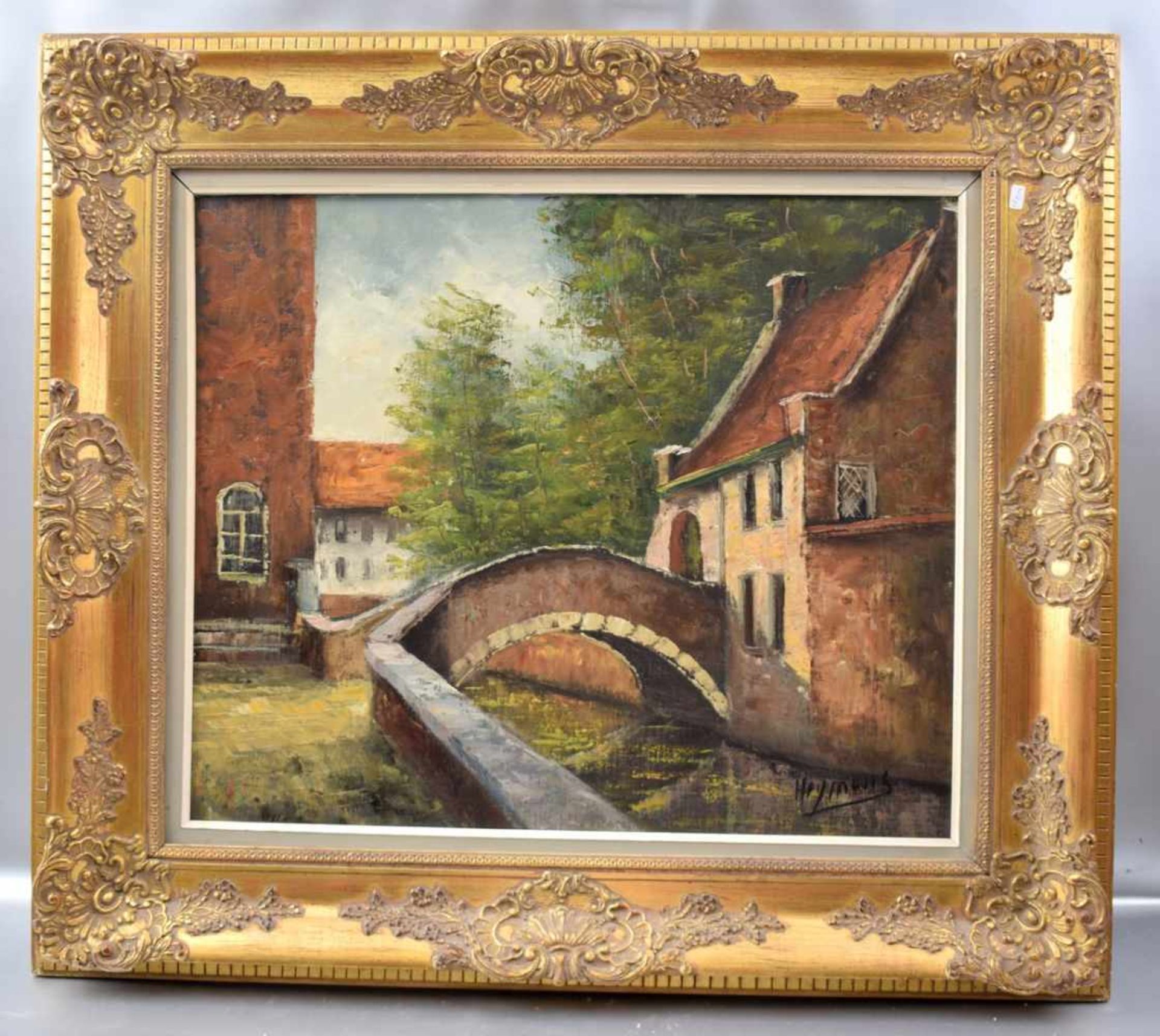 Unbekannter Maler 20. Jh., Teilansicht von Brügge mit alter Steinbrücke, Öl/Lwd., u.r.sign., 50 X 60